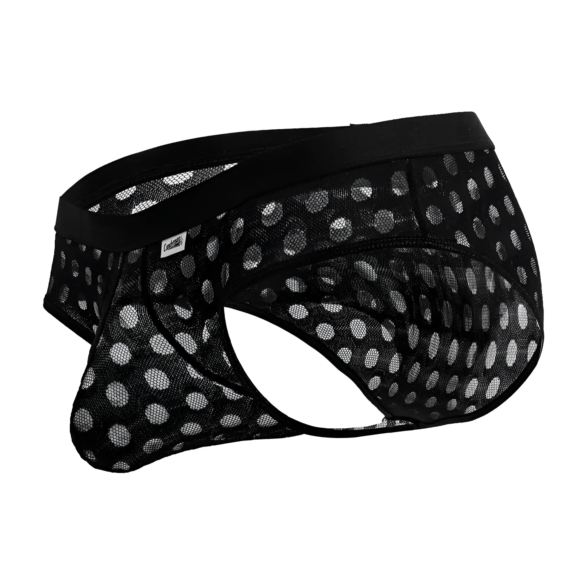CandyMan 99855 black mesh briefs with white polka dots and solid black elastic waistband for men