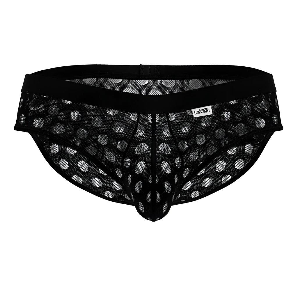 Candyman 99855 polka mesh briefs in black feature white polka dots and a black elastic waistband in breathable mesh