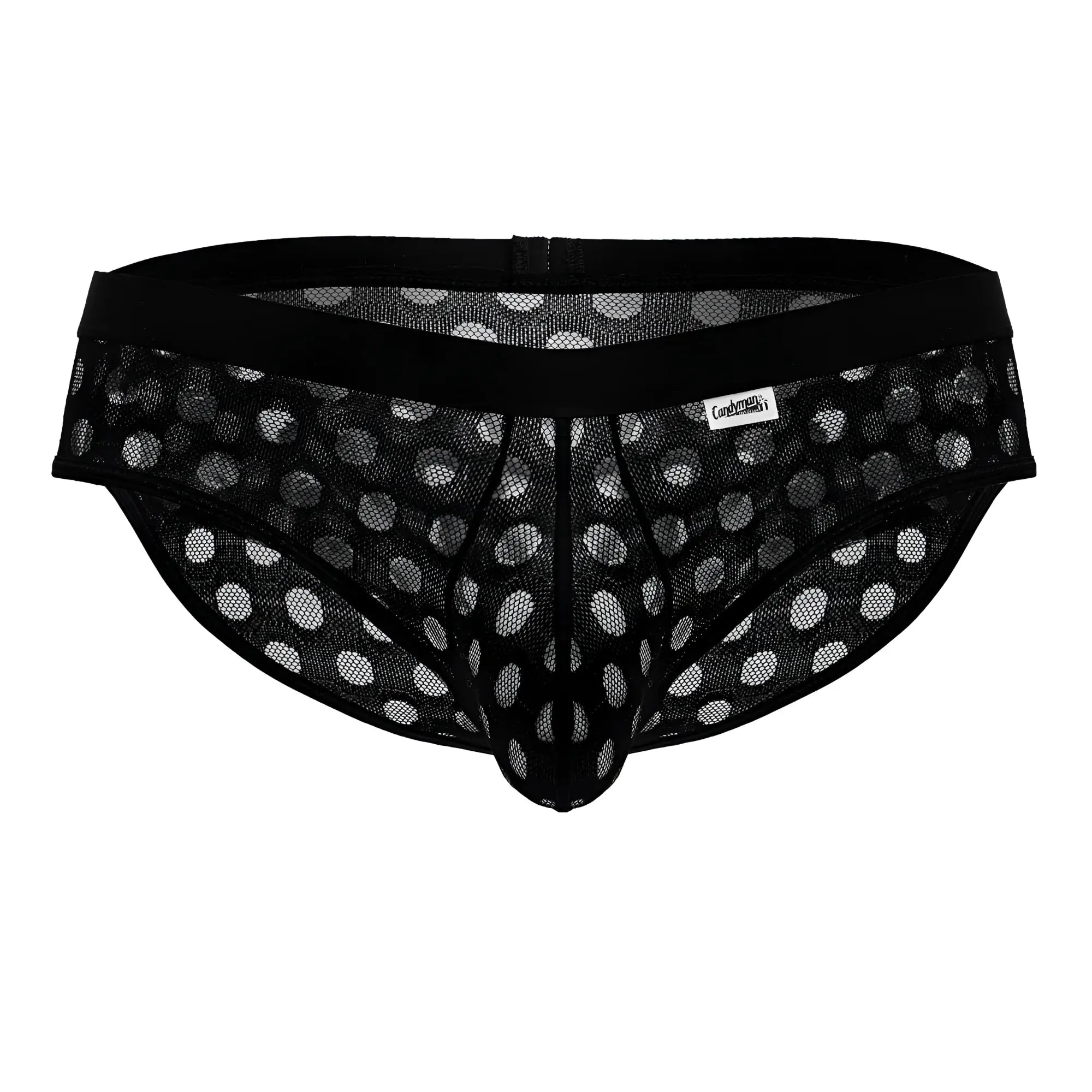 Candyman 99855 polka mesh briefs in black feature white polka dots and a black elastic waistband in breathable mesh