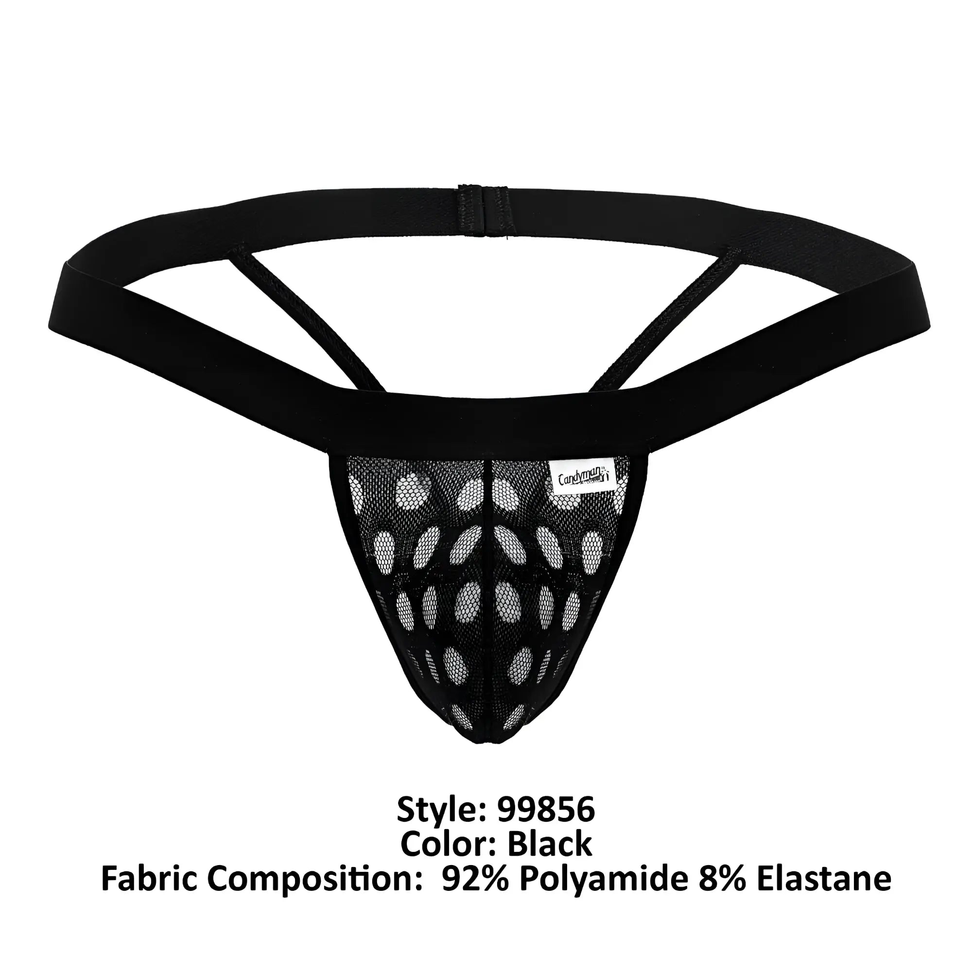 Black CandyMan 99856 polka mesh thong with solid elastic waistband and circular cutouts front view