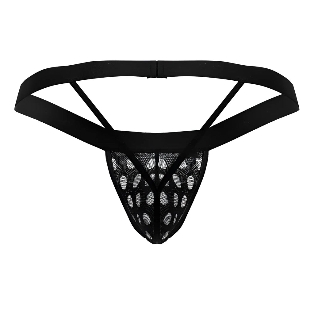 Black candyMan 99856 polka mesh thong with solid elastic waistband and triangular cutouts in front