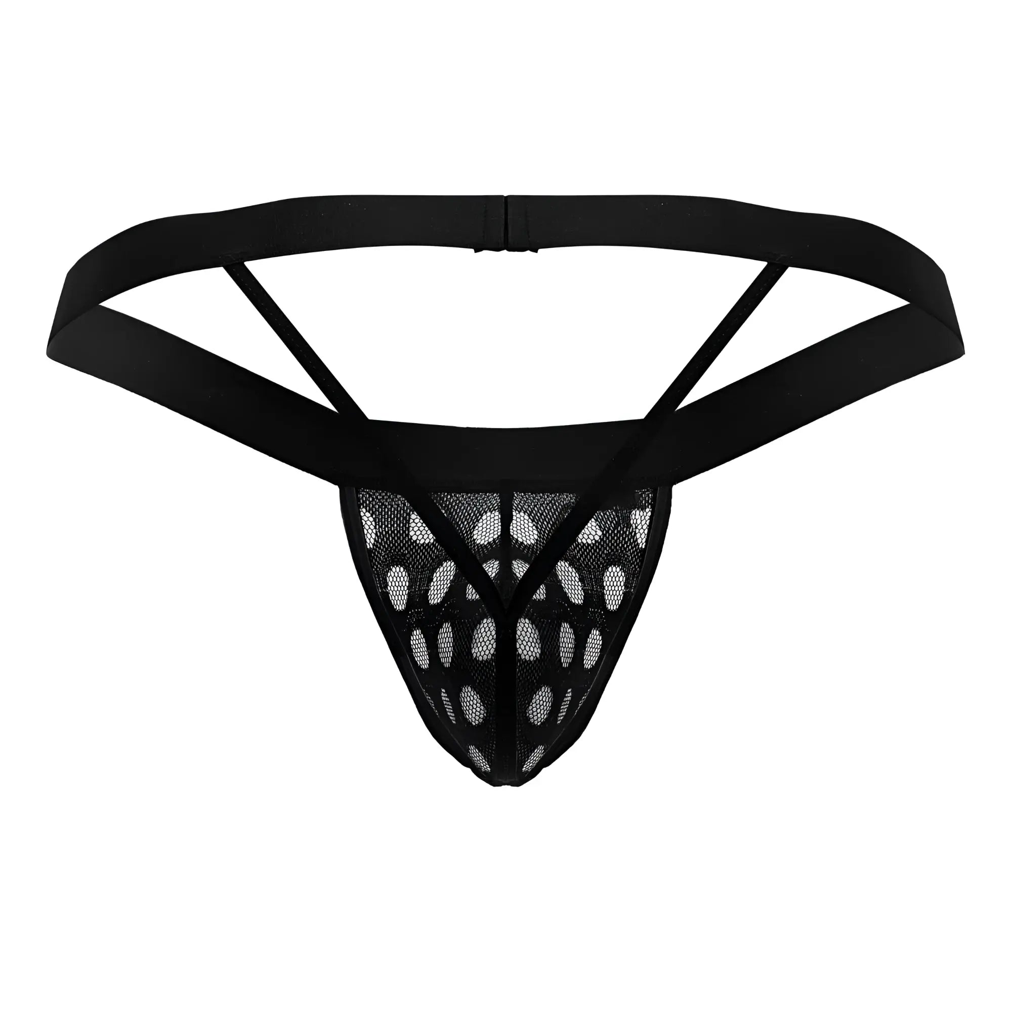 Black candyMan 99856 polka mesh thong with solid elastic waistband and triangular cutouts in front