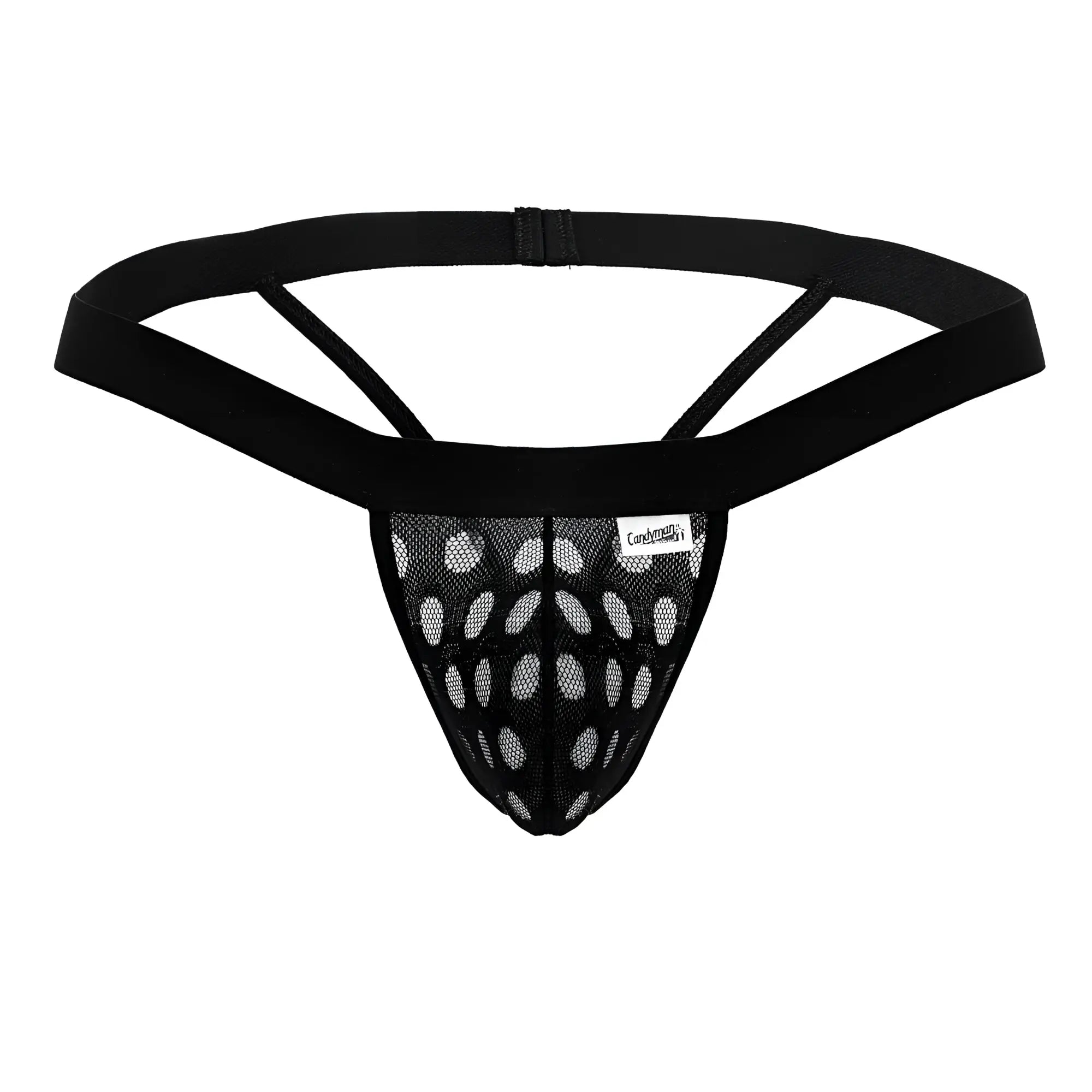 Black mesh CandyMan 99856 polka mesh thong with solid waistband and adjustable straps featuring oval pattern