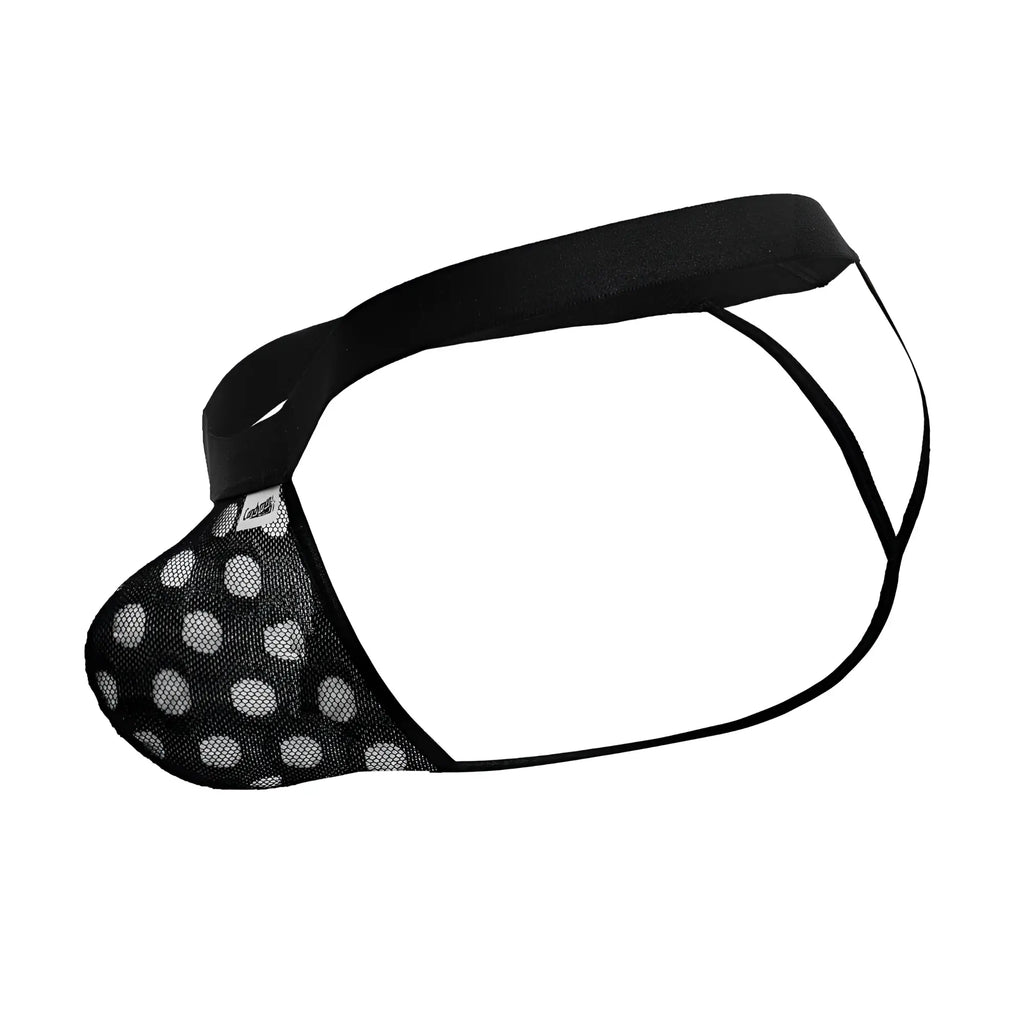 CandyMan 99856 polka mesh thong in black features black mesh brief with white polka dots and solid waistband