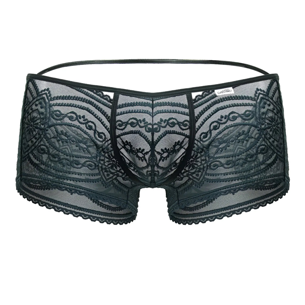 CandyMan 99857 lace trunks green men’s underwear with intricate black lace floral patterns and scalloped edge