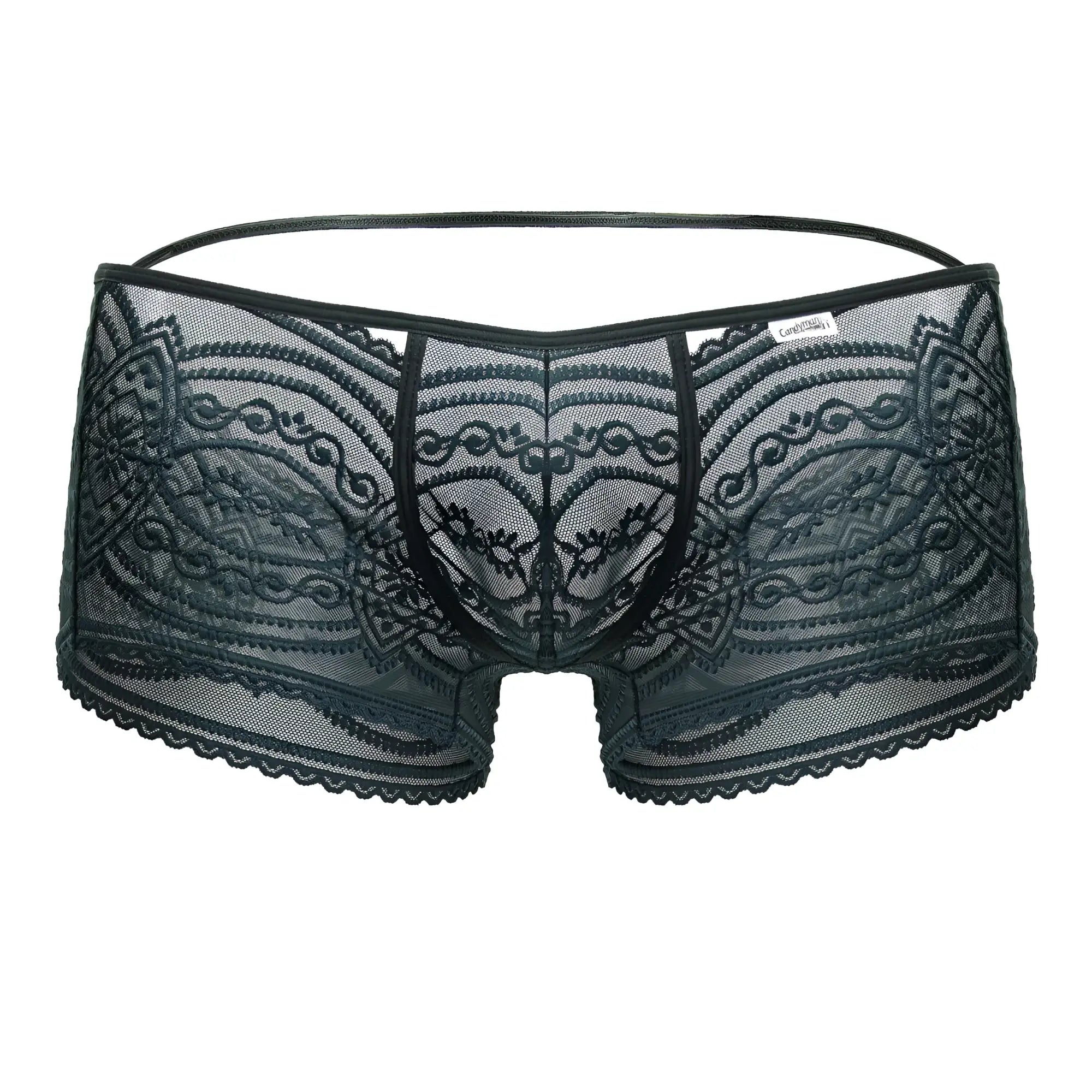 CandyMan 99857 lace trunks green men’s underwear with intricate black lace floral patterns and scalloped edge