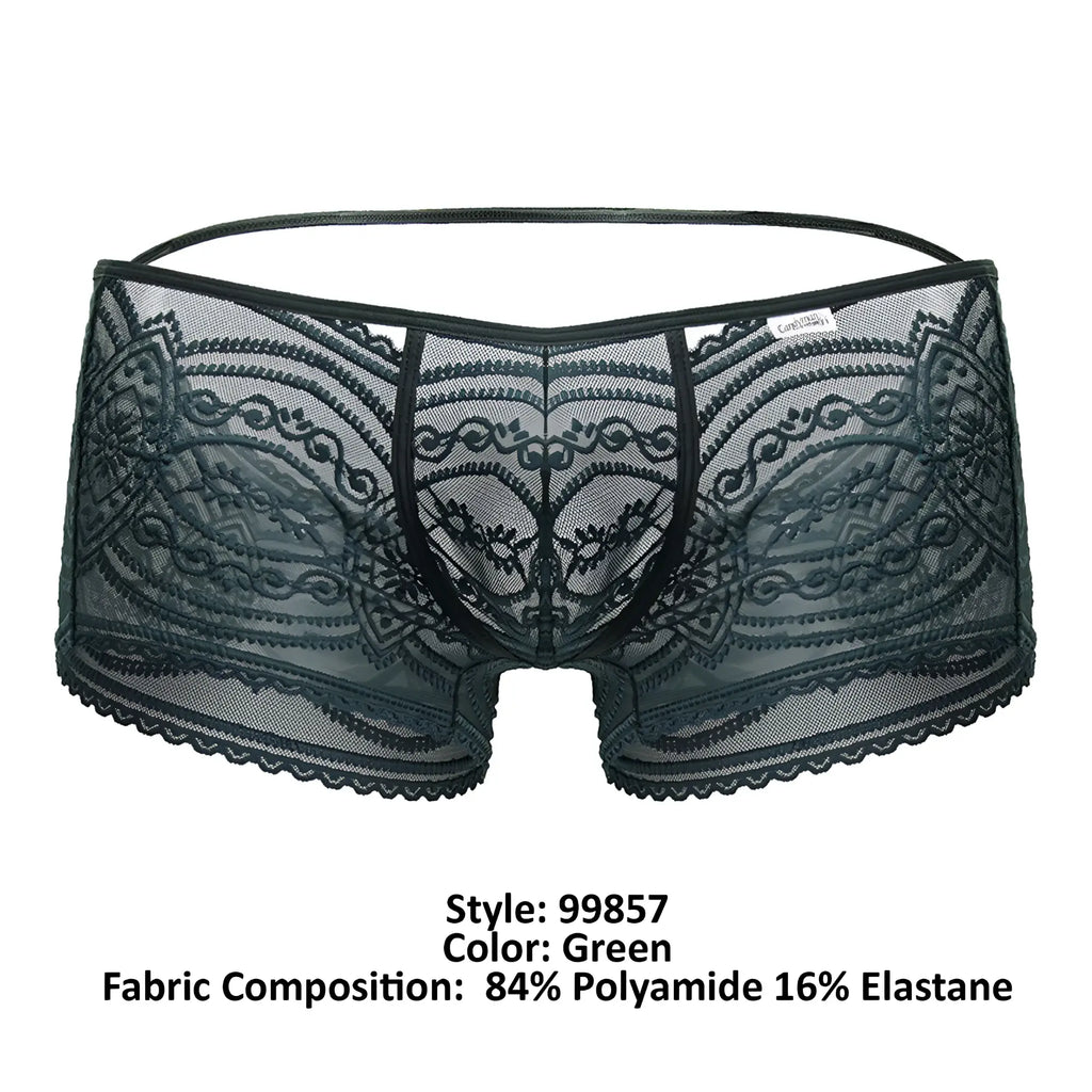 Candyman 99857 lace trunks green mens underwear with black floral lace and sheer mesh fabric detail