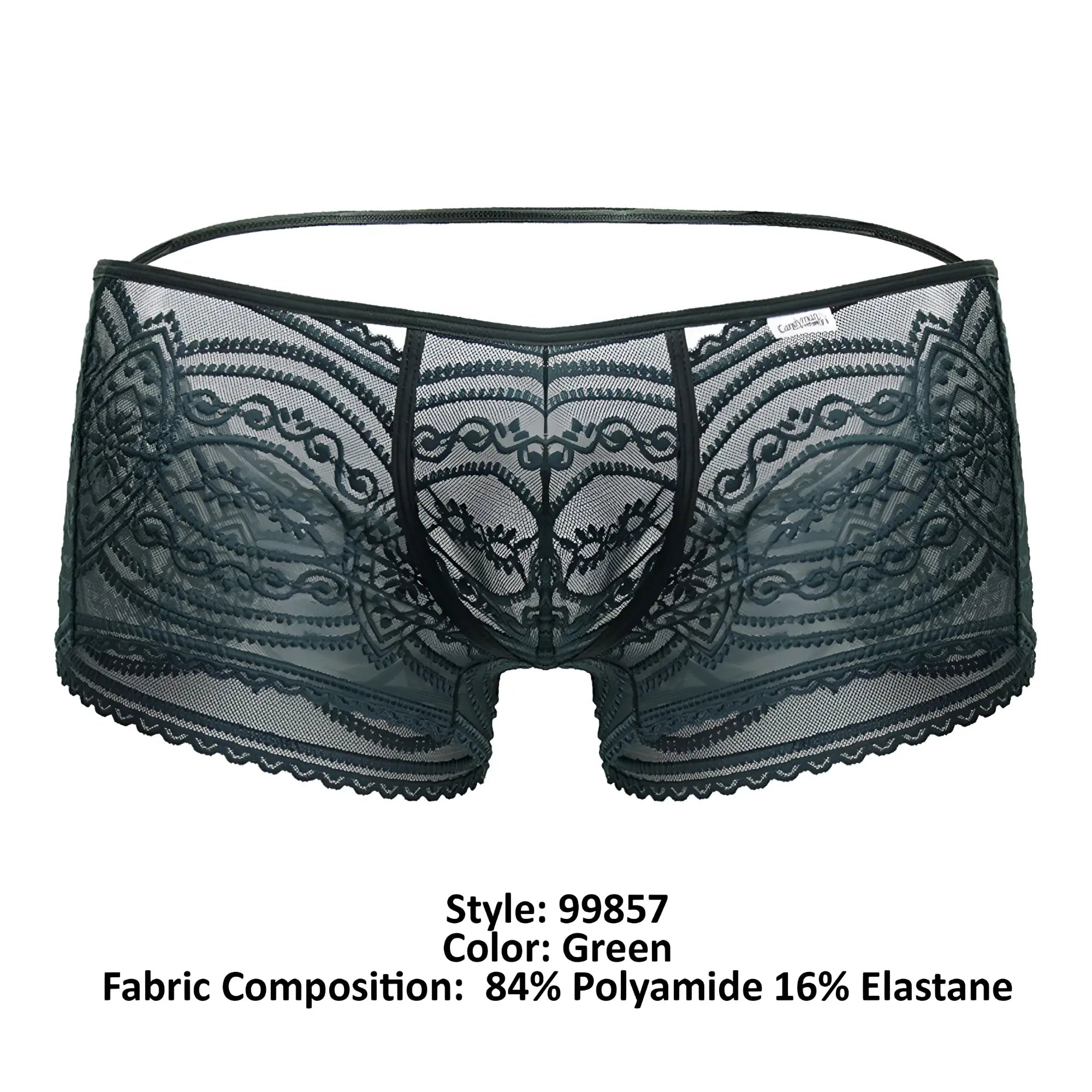 Candyman 99857 lace trunks green mens underwear with black floral lace and sheer mesh fabric detail