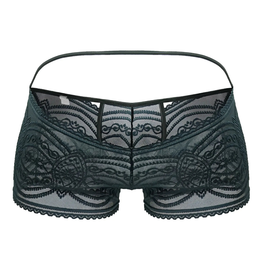 CandyMan 99857 lace trunks in dark green with intricate floral patterns and a thin matching waistband
