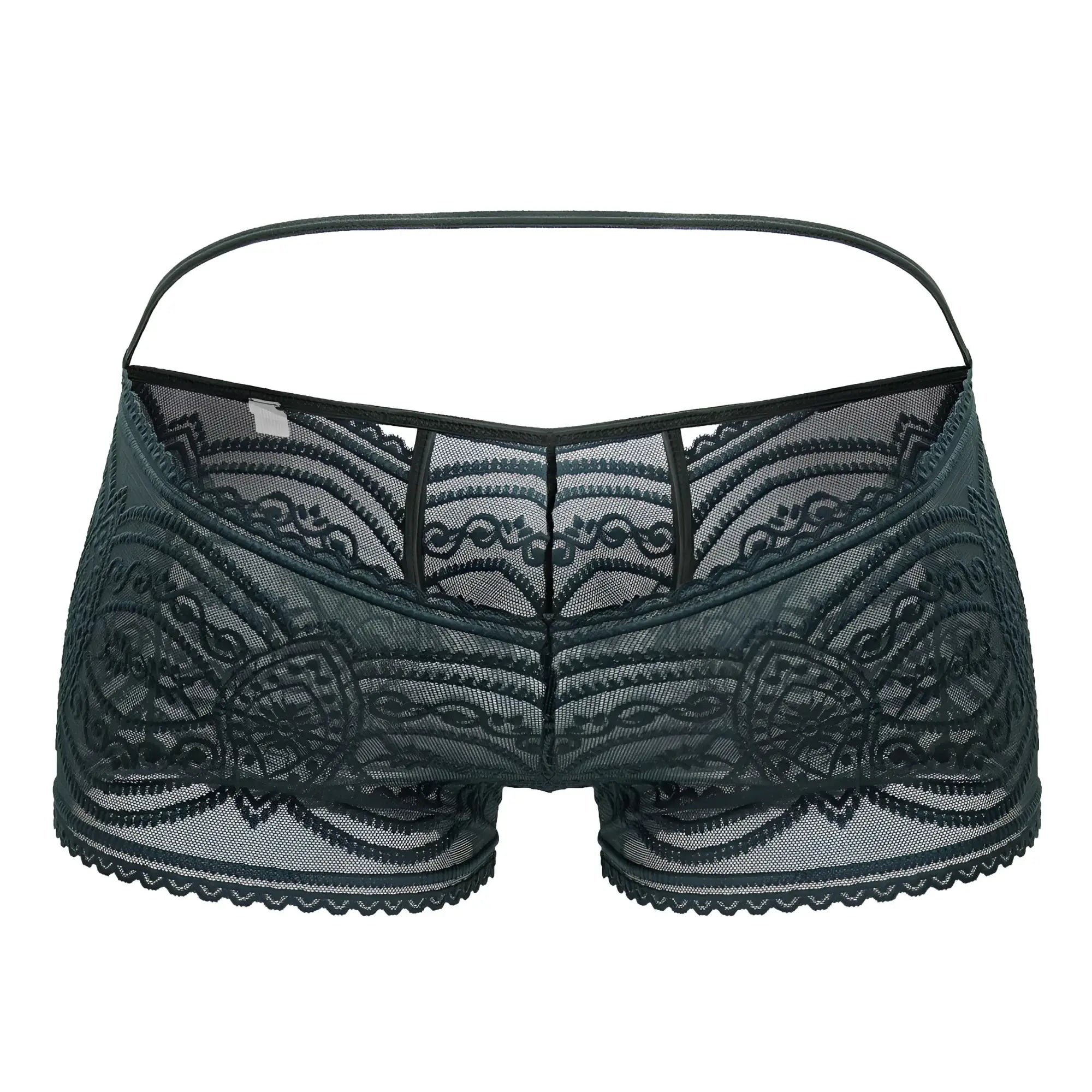 CandyMan 99857 lace trunks in dark green with intricate floral patterns and a thin matching waistband
