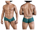 Teal lace men’s briefs with intricate floral pattern and back tie design candy man 99857 lace trunks color green back view
