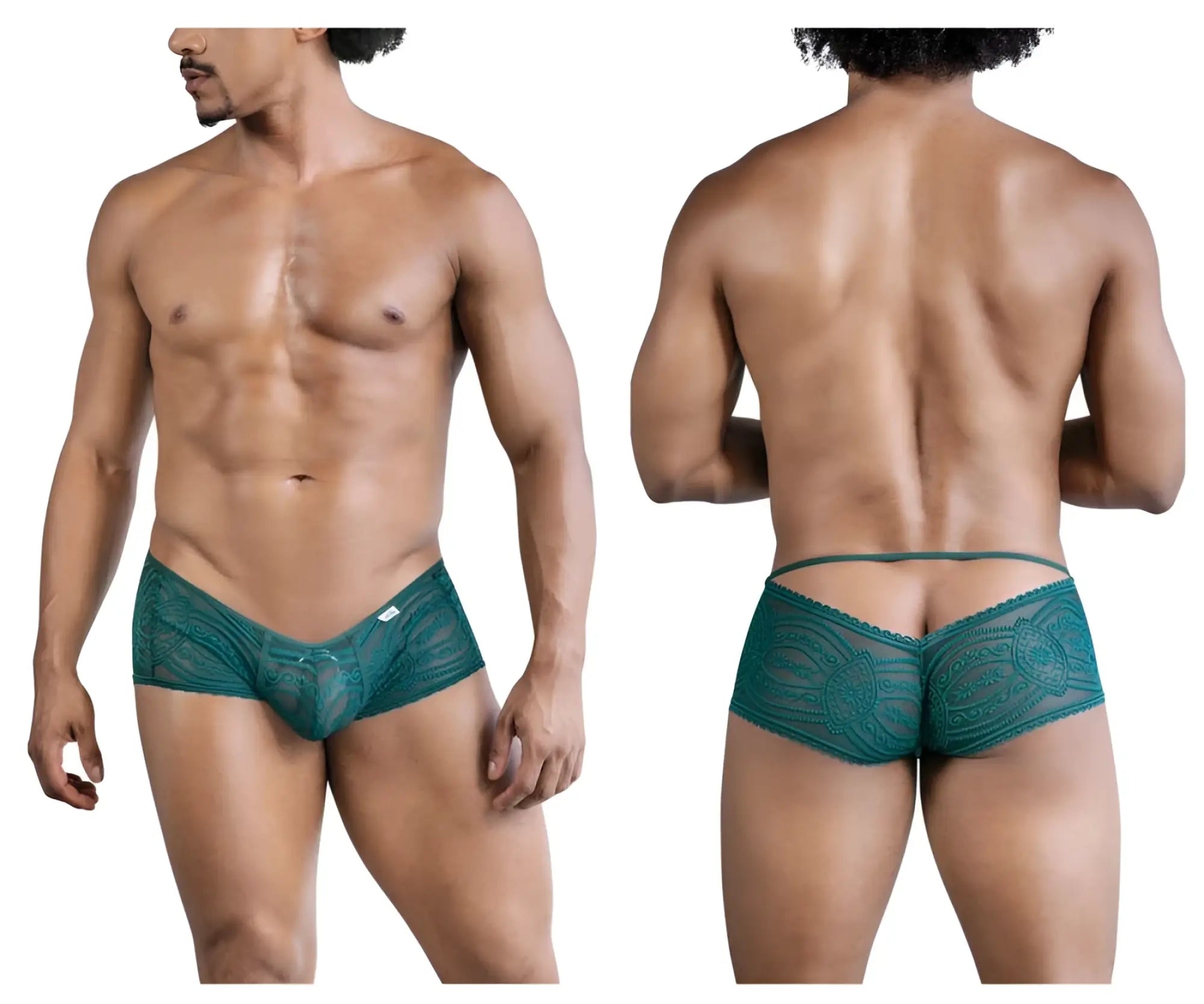 Teal lace men’s briefs with intricate floral pattern and back tie design candy man 99857 lace trunks color green back view