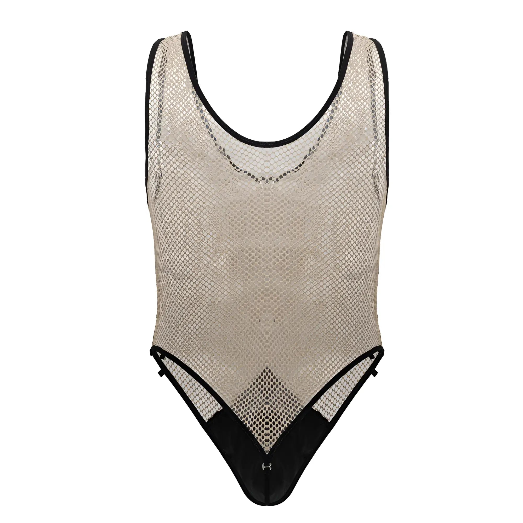 Beige mesh one-piece fishnet bodysuit with black trim and subtle geometric pattern candyMan 99858