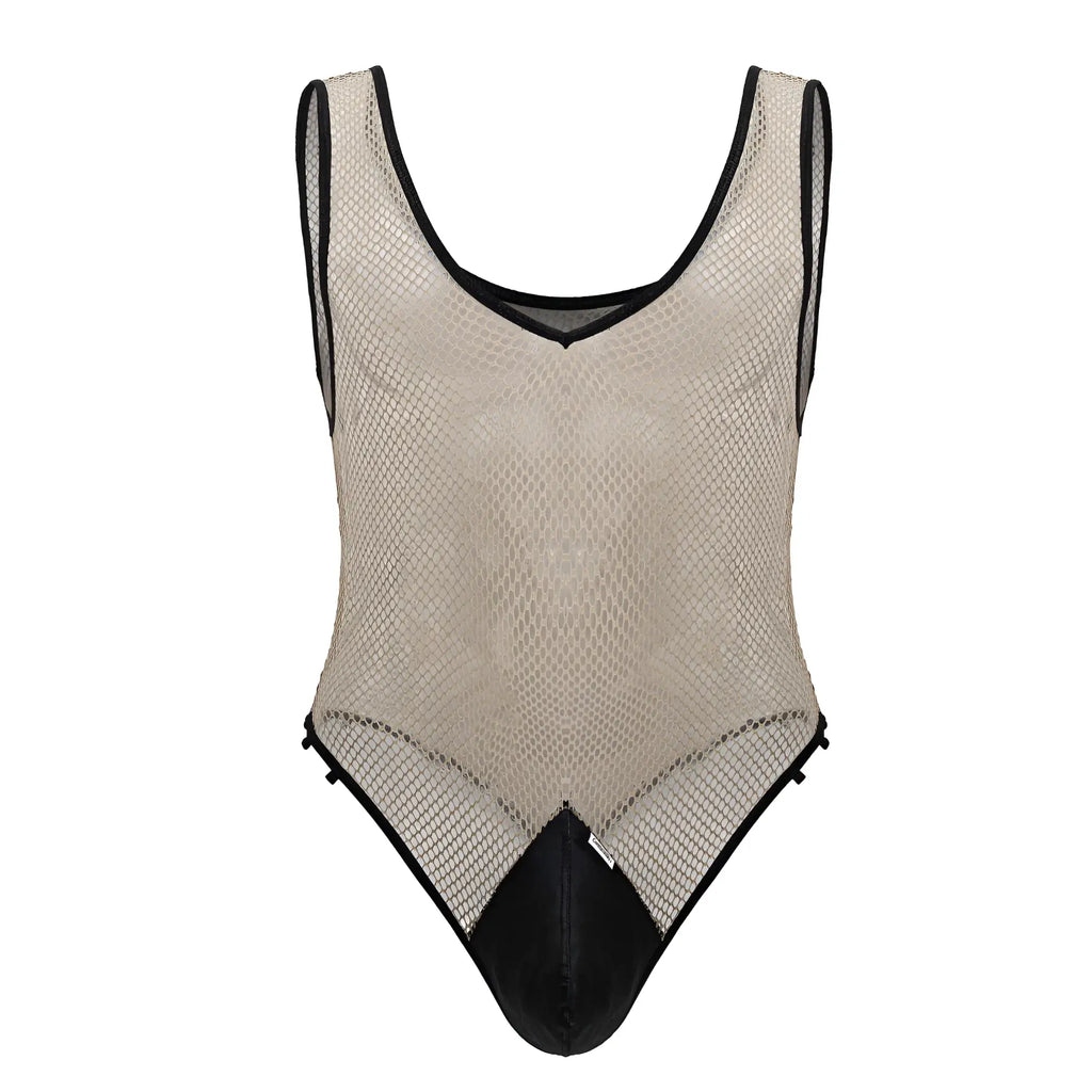 Beigeblack CandyMan 99858 fishnet one-piece bodysuit with mesh fabric black trim and solid black crotch panel