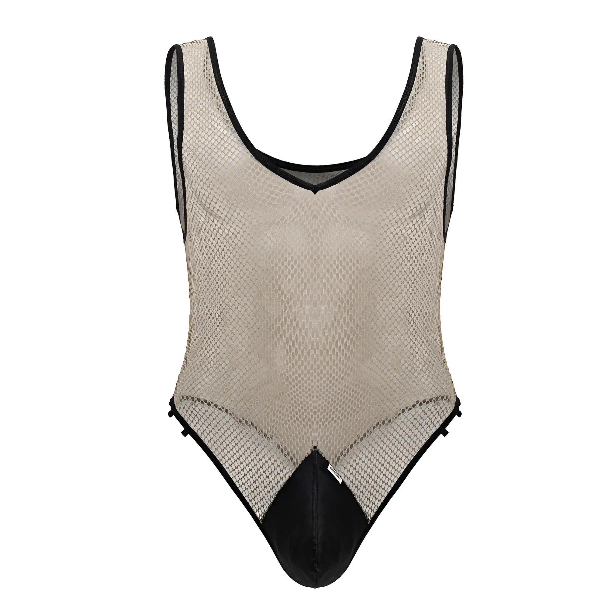 Beigeblack CandyMan 99858 fishnet one-piece bodysuit with mesh fabric black trim and solid black crotch panel