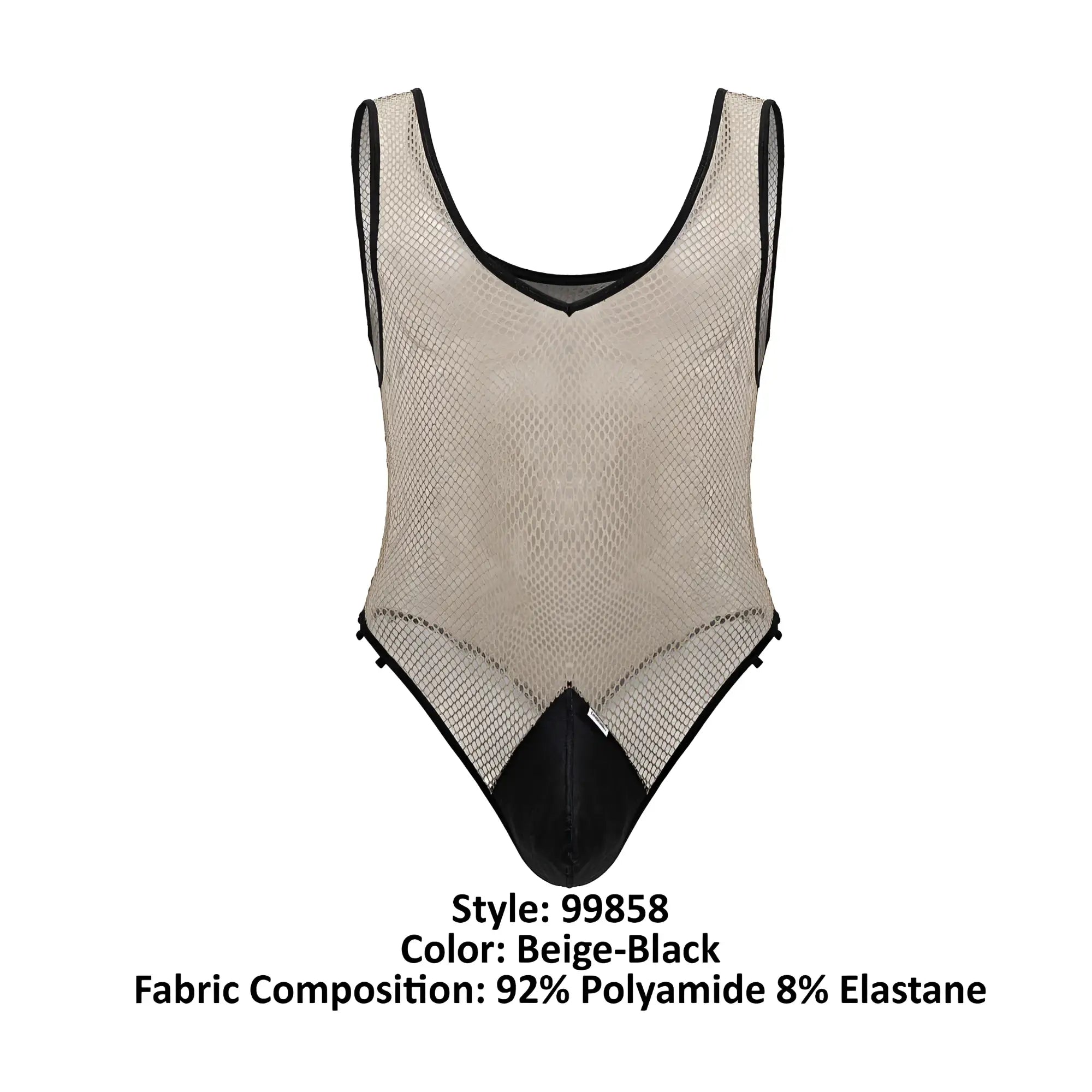 Beigeblack CandyMan 99858 fishnet one-piece bodysuit with v-neckline and solid black trim on armholes and leg openings