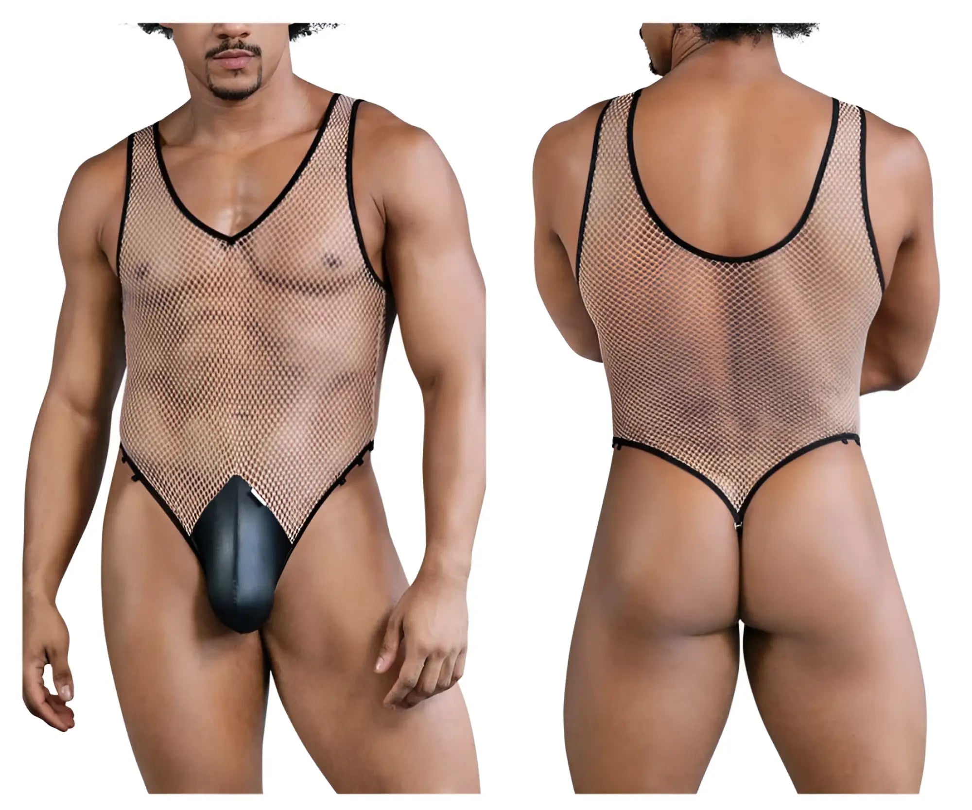 Black mesh fishnet bodysuit with solid black padded crotch panel in beige and black by candyman
