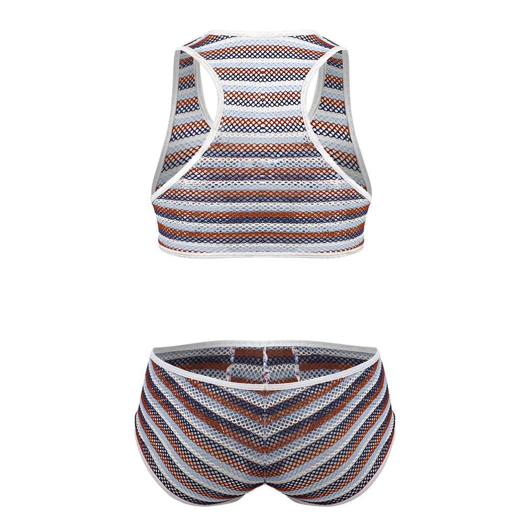 Striped mesh two-piece outfit in brown navy blue and white featuring candy man 99859 color stripes design