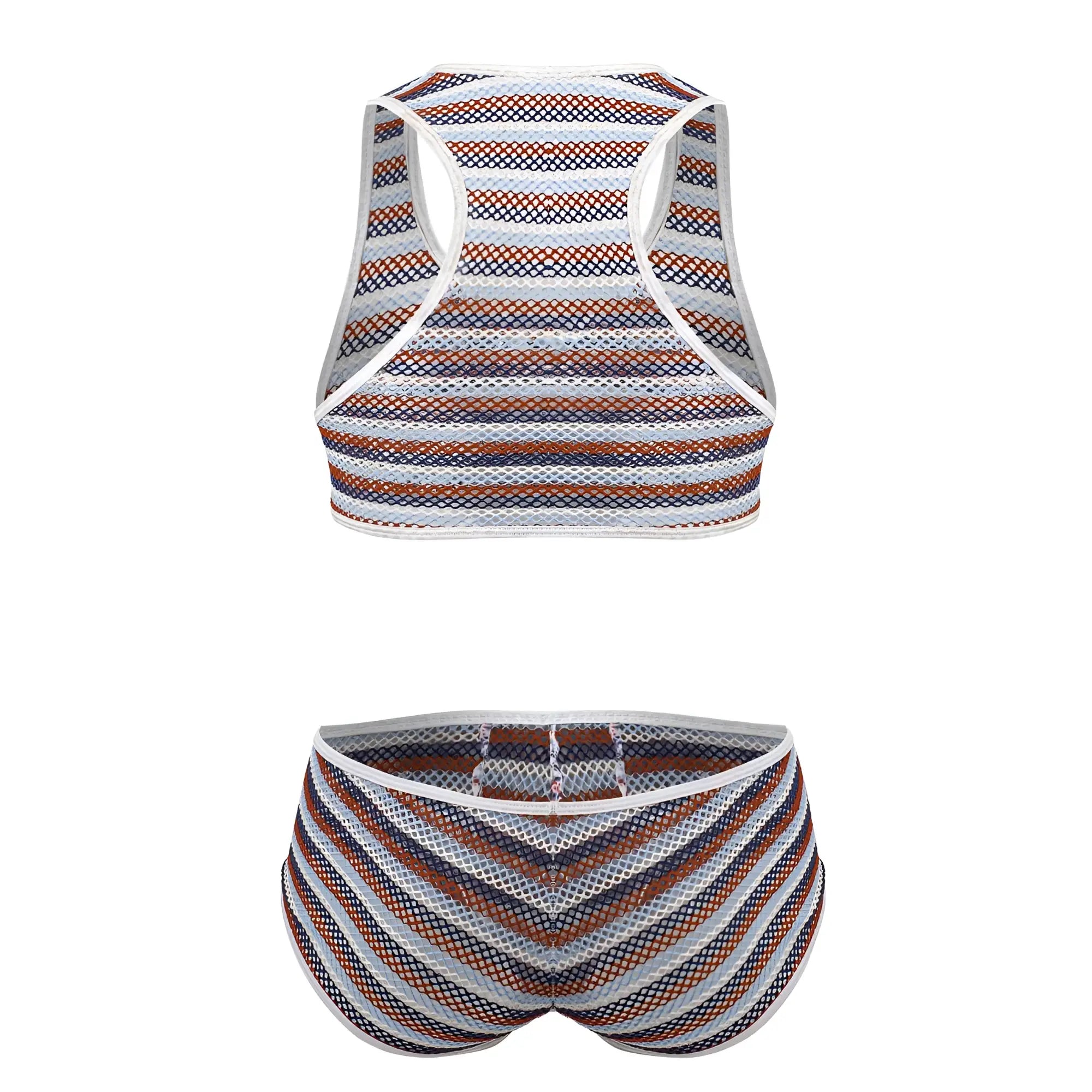 Striped mesh two-piece outfit in brown navy blue and white featuring candy man 99859 color stripes design
