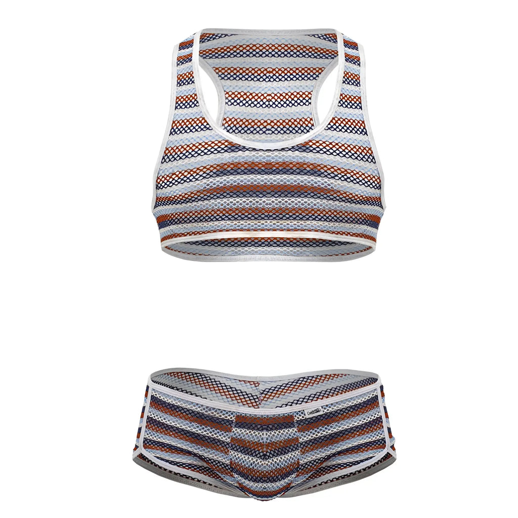 CandyMan 99859 two piece outfit striped mesh sports bra and briefs set in white navy blue and rust orange hues
