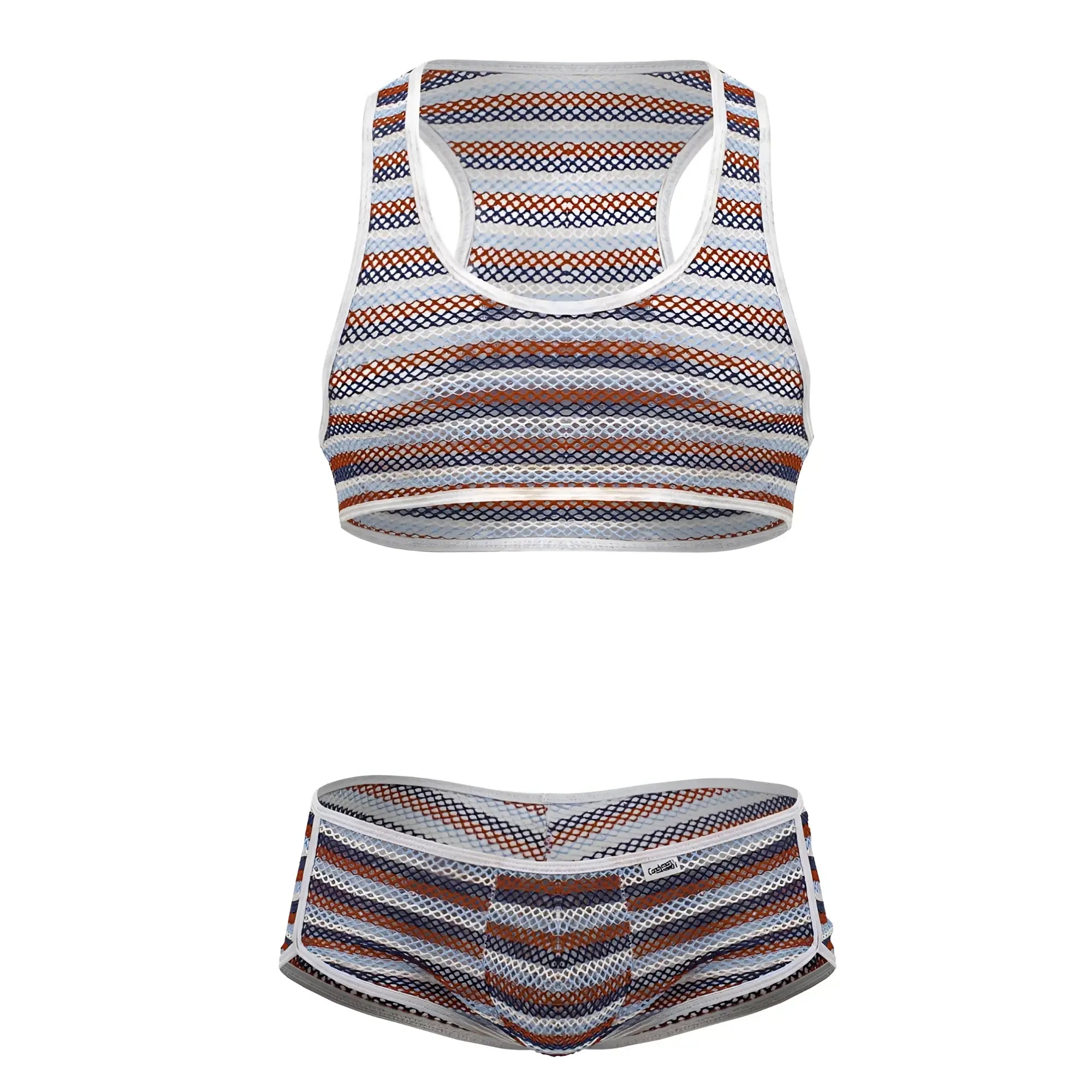 CandyMan 99859 two piece outfit striped mesh sports bra and briefs set in white navy blue and rust orange hues