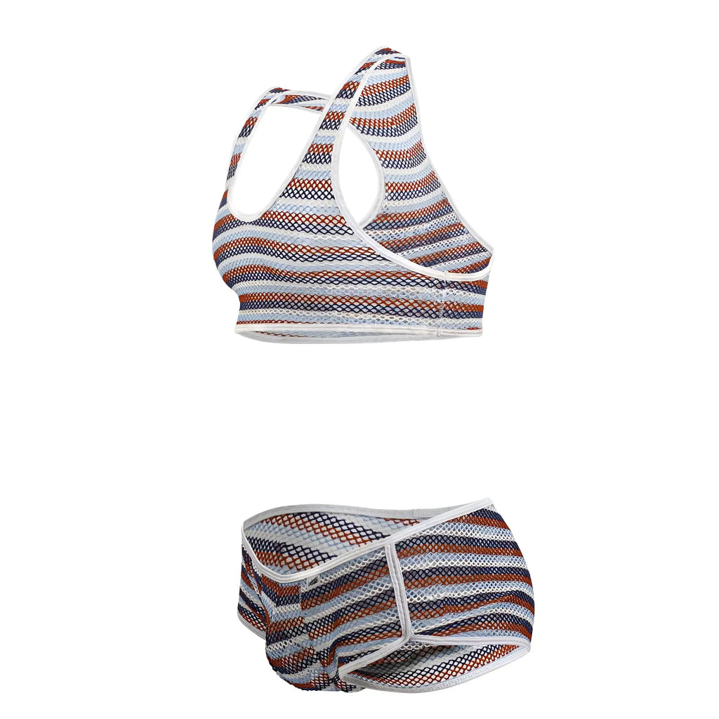 CandyMan 99859 two piece outfit striped mesh sports bra and briefs in white navy blue and rust orange