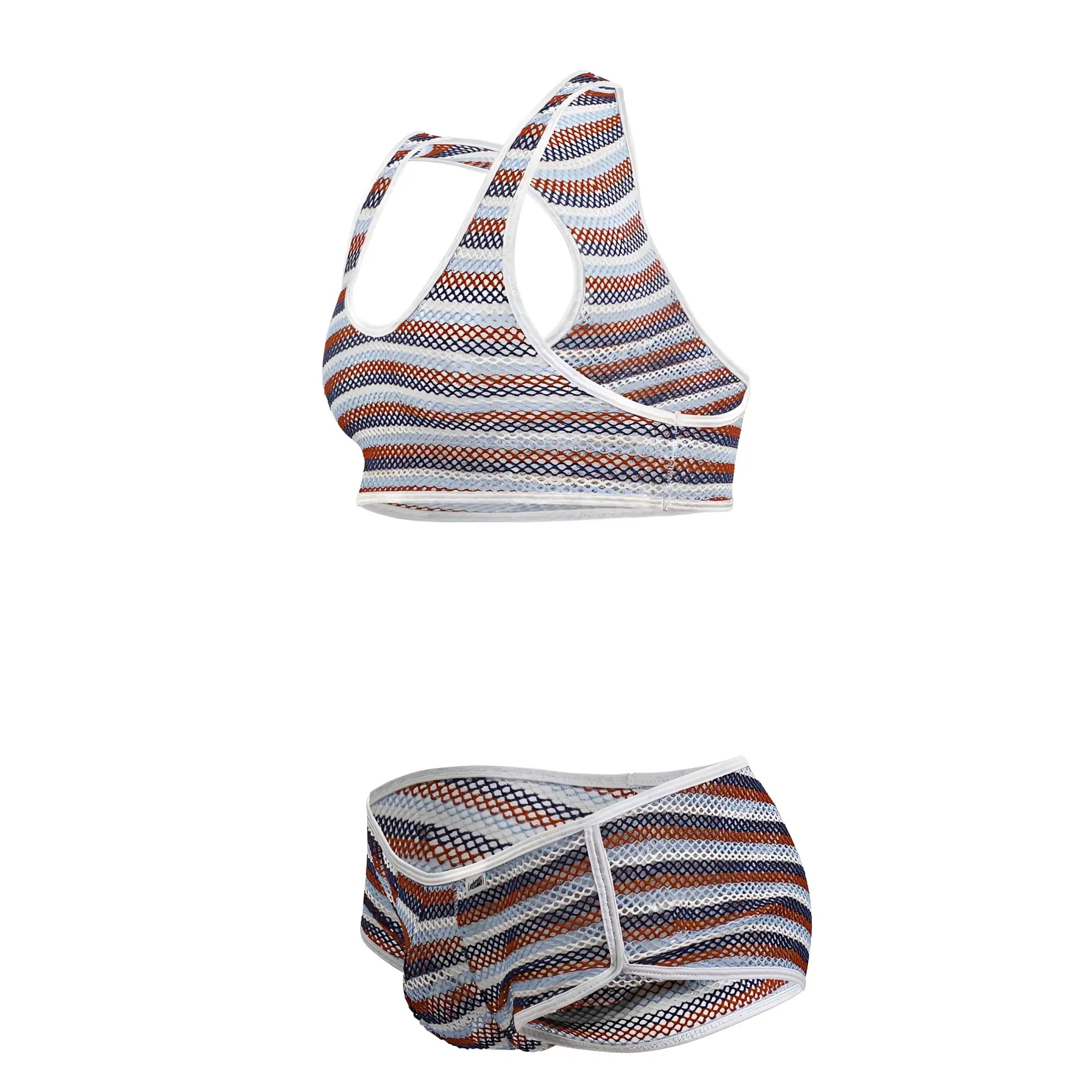 CandyMan 99859 two piece outfit striped mesh sports bra and briefs in white navy blue and rust orange