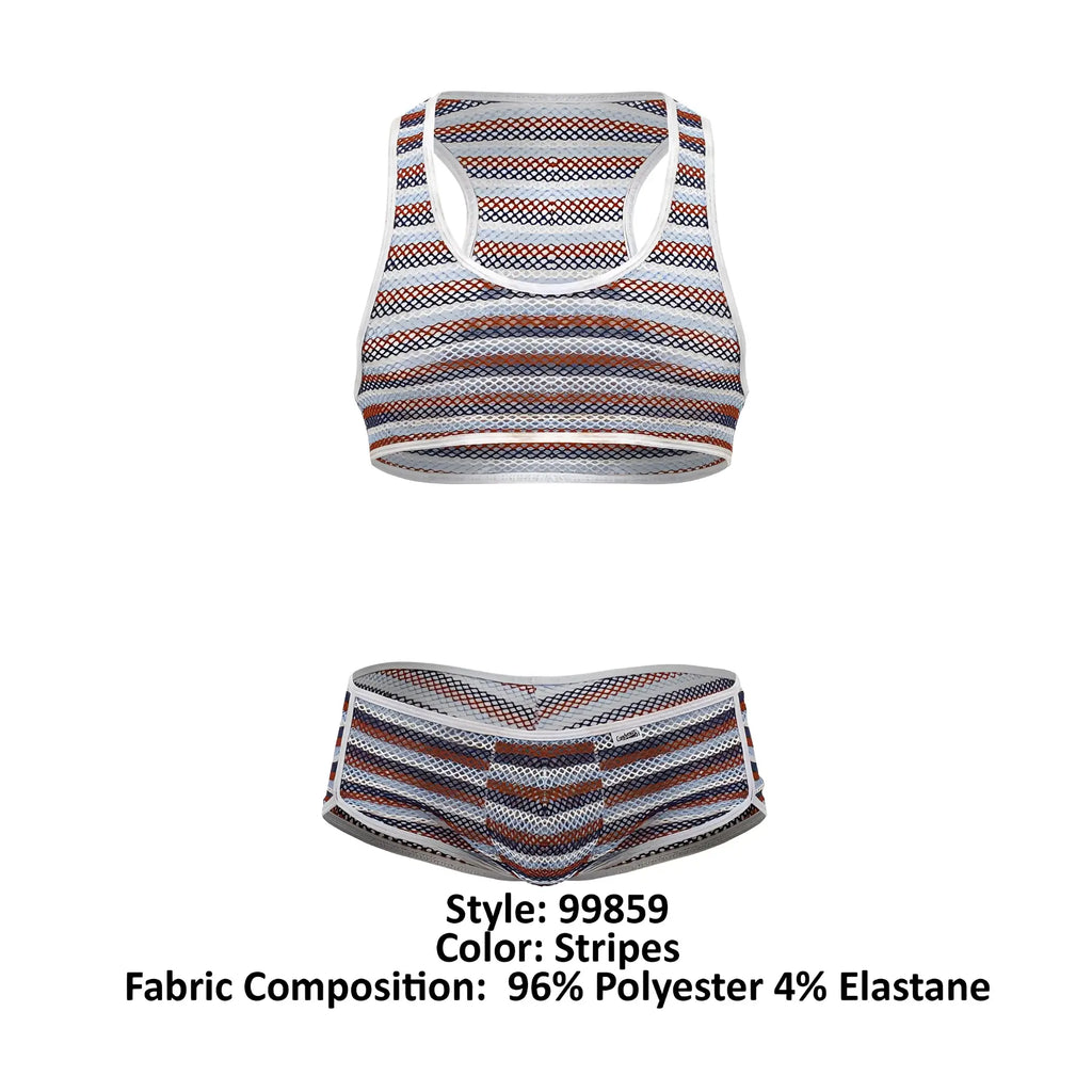 CandyMan 99859 two piece outfit striped mesh tank top and matching briefs in white navy blue and rust horizontal stripes
