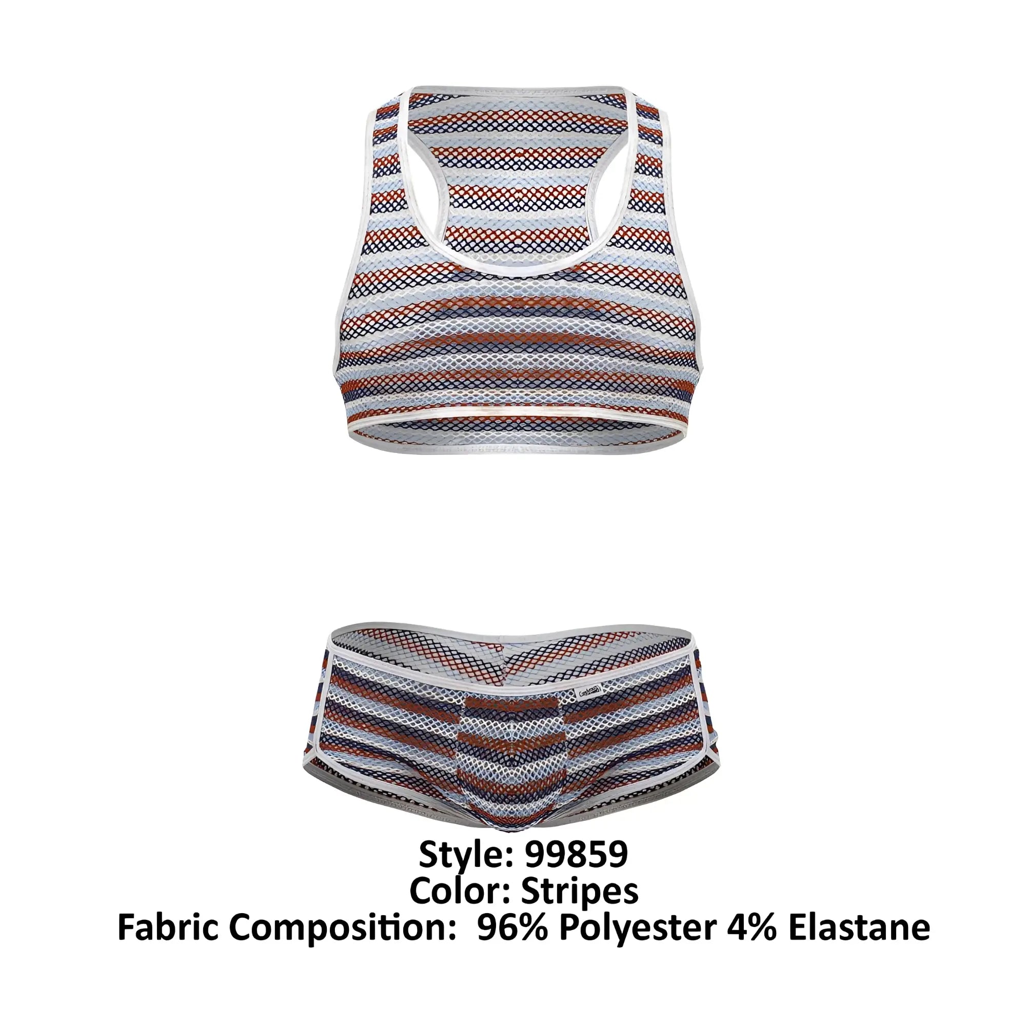 CandyMan 99859 two piece outfit striped mesh tank top and matching briefs in white navy blue and rust horizontal stripes