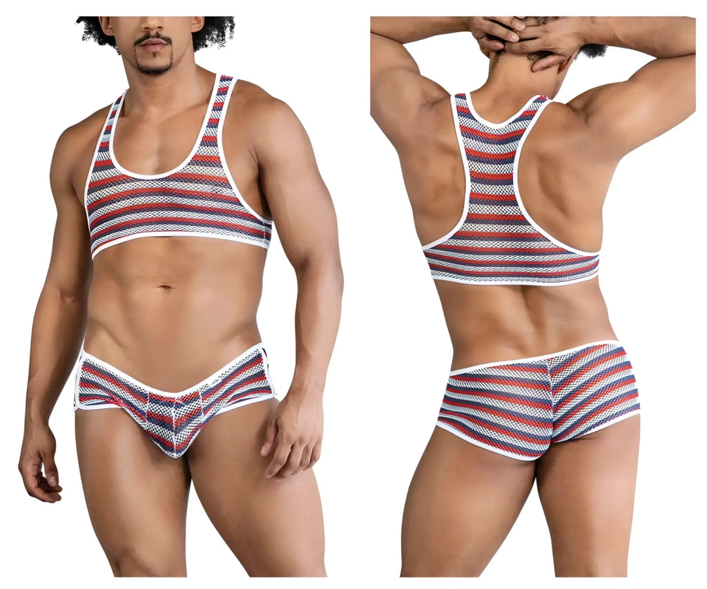 CandyMan 99859 two piece striped mesh tank top and briefs set in red white and navy blue for comfortable wear