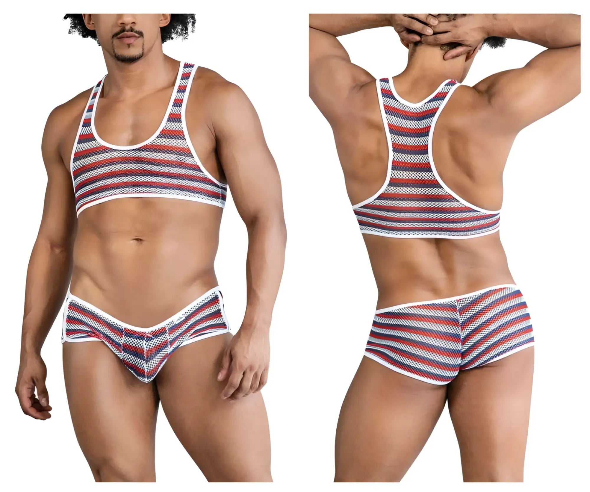 CandyMan 99859 two piece striped mesh tank top and briefs set in red white and navy blue for comfortable wear