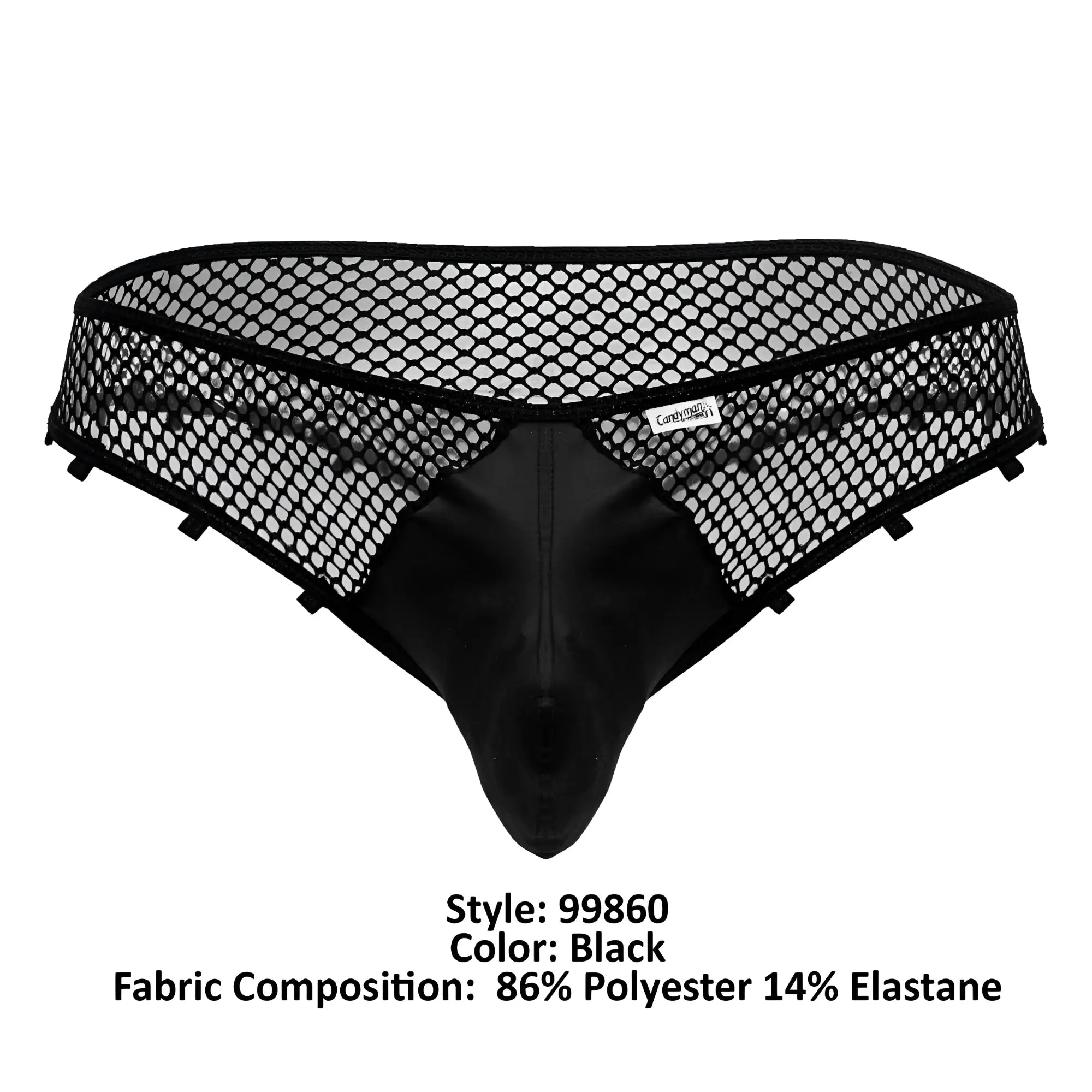CandyMan 99860 fishnet thongs in black with black mesh and satin briefs featuring a central solid panel