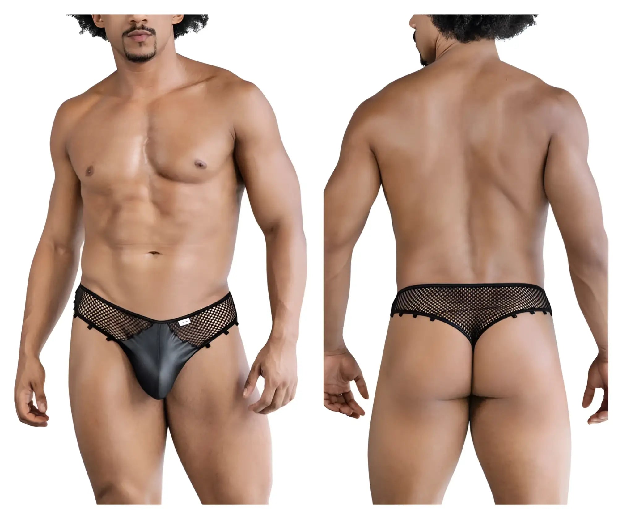 Black mesh and satin fishnet thongs with a sleek form-fitting design by candyman model 99860 in black