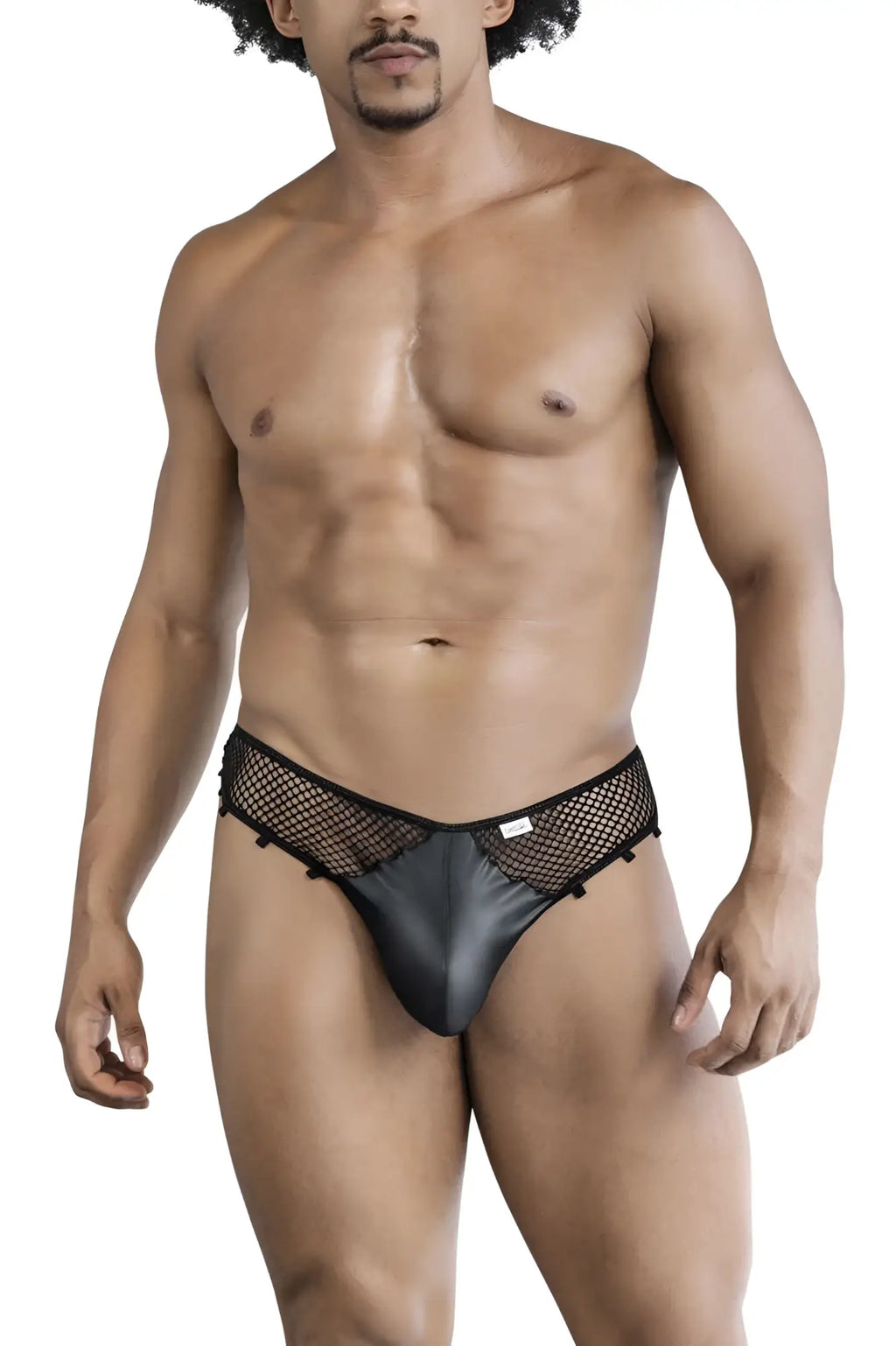CandyMan 99860 black fishnet thongs with sleek satin and mesh modern design front view briefs