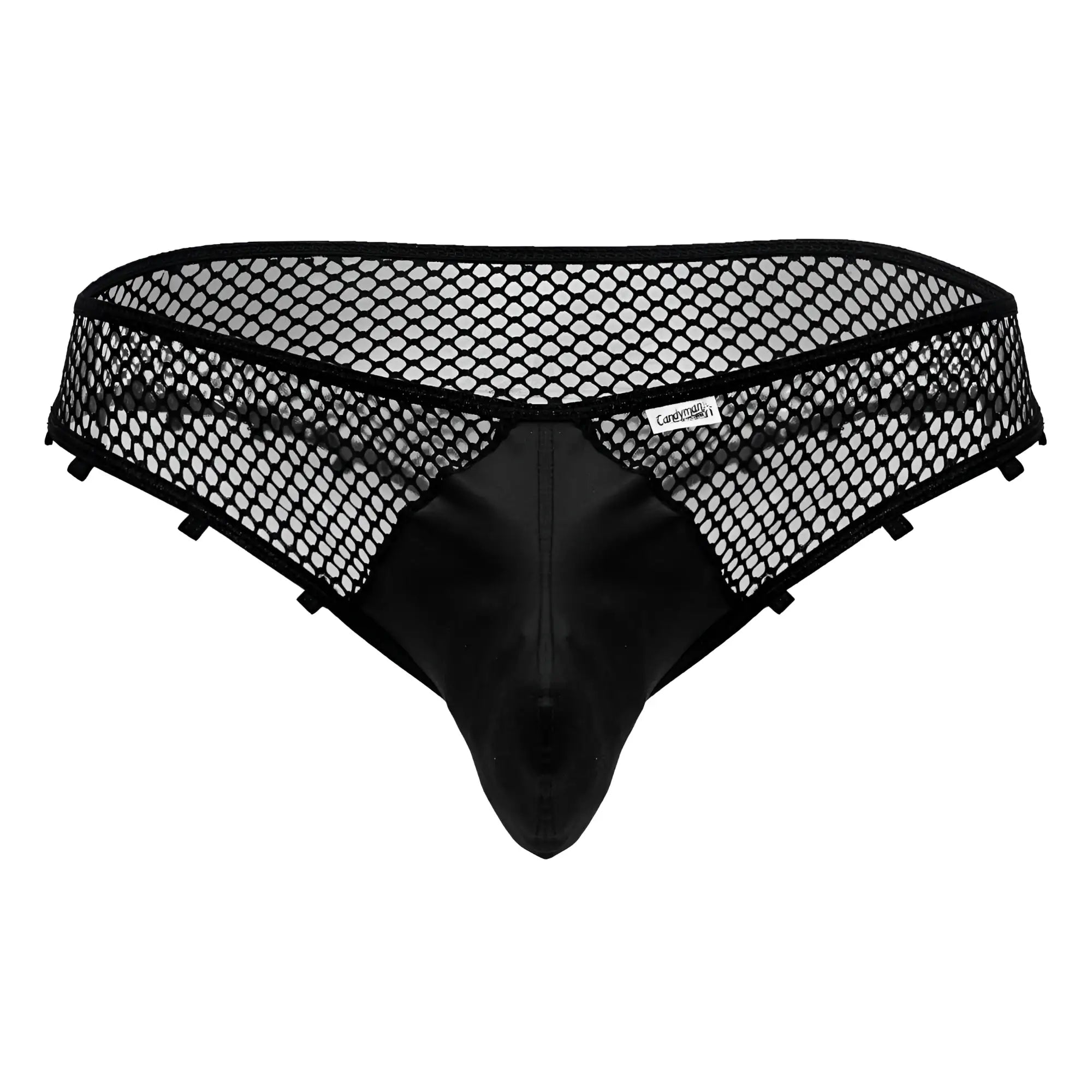 Candyman 99860 fishnet thongs in black mesh with solid front panel and adjustable side tabs