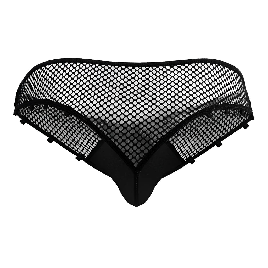 Black mesh thong with solid fabric back and side panels candyMan 99860 fishnet thongs color black back view