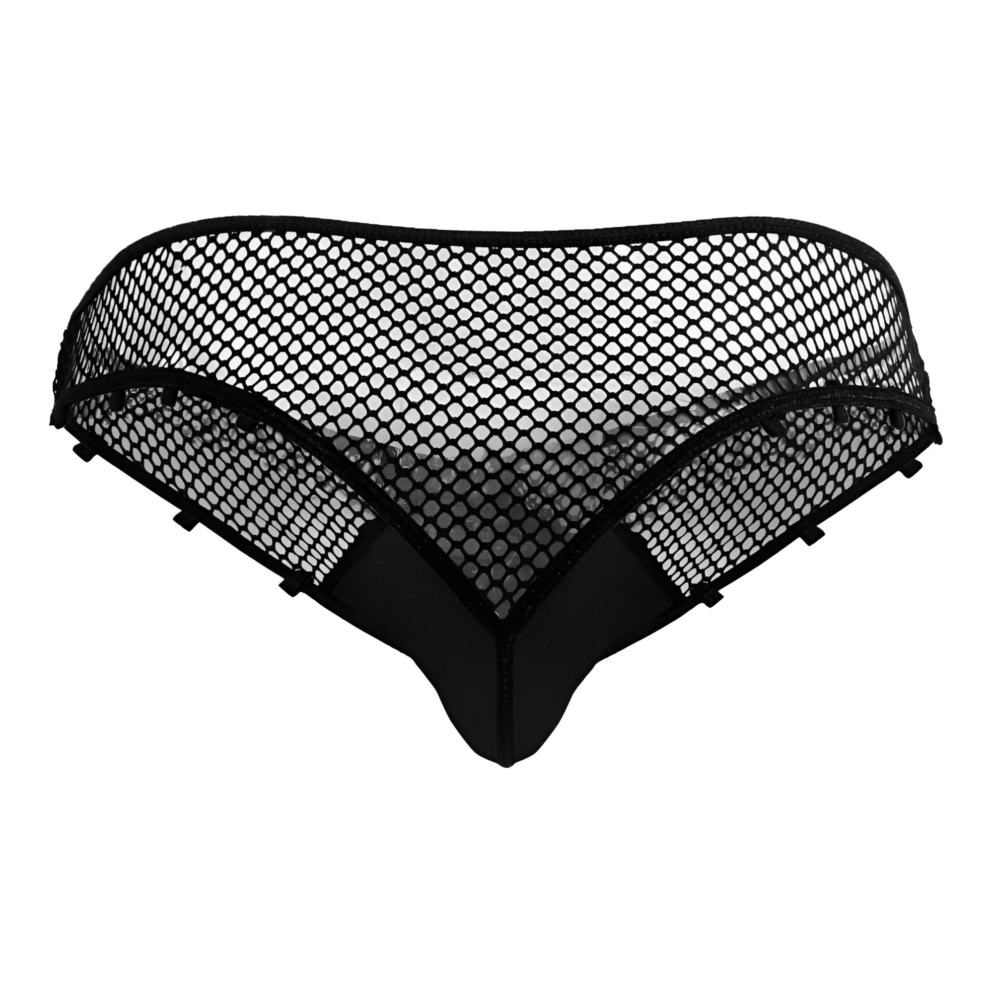 Black mesh thong with solid fabric back and side panels candyMan 99860 fishnet thongs color black back view