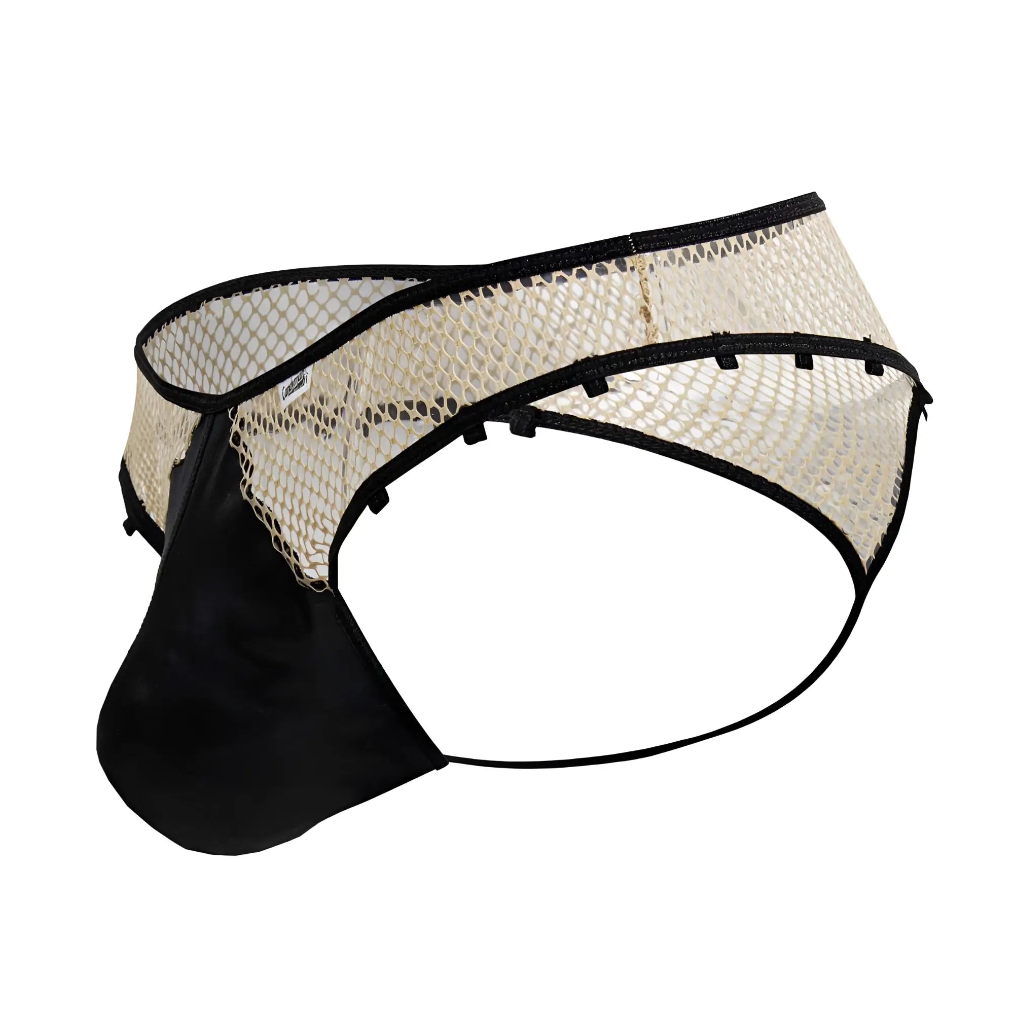 CandyMan 99860 fishnet thongs in nude and black with black and cream mesh fabric and sleek modern design