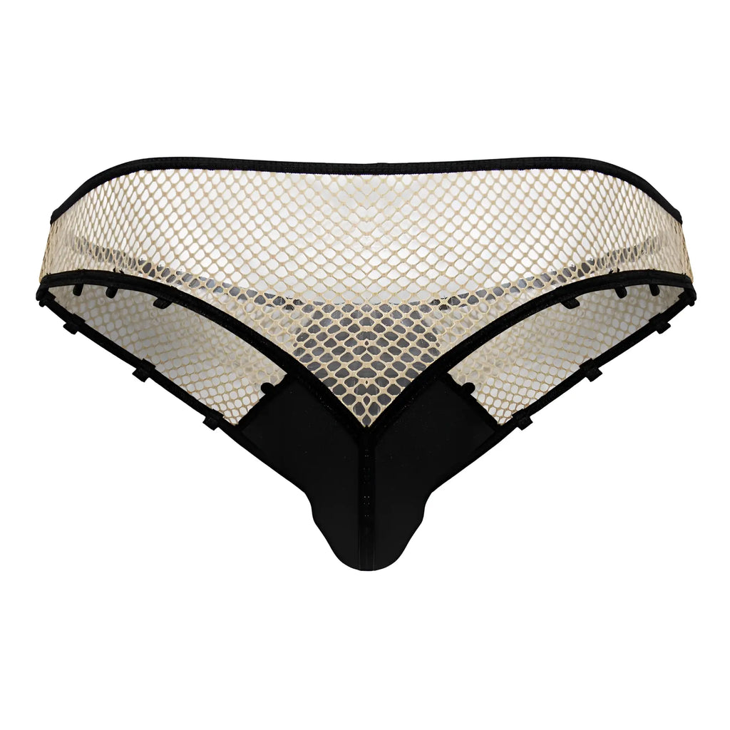 Black and cream mesh thong with sleek modern design candyMan 99860 fishnet thongs color nude black front view