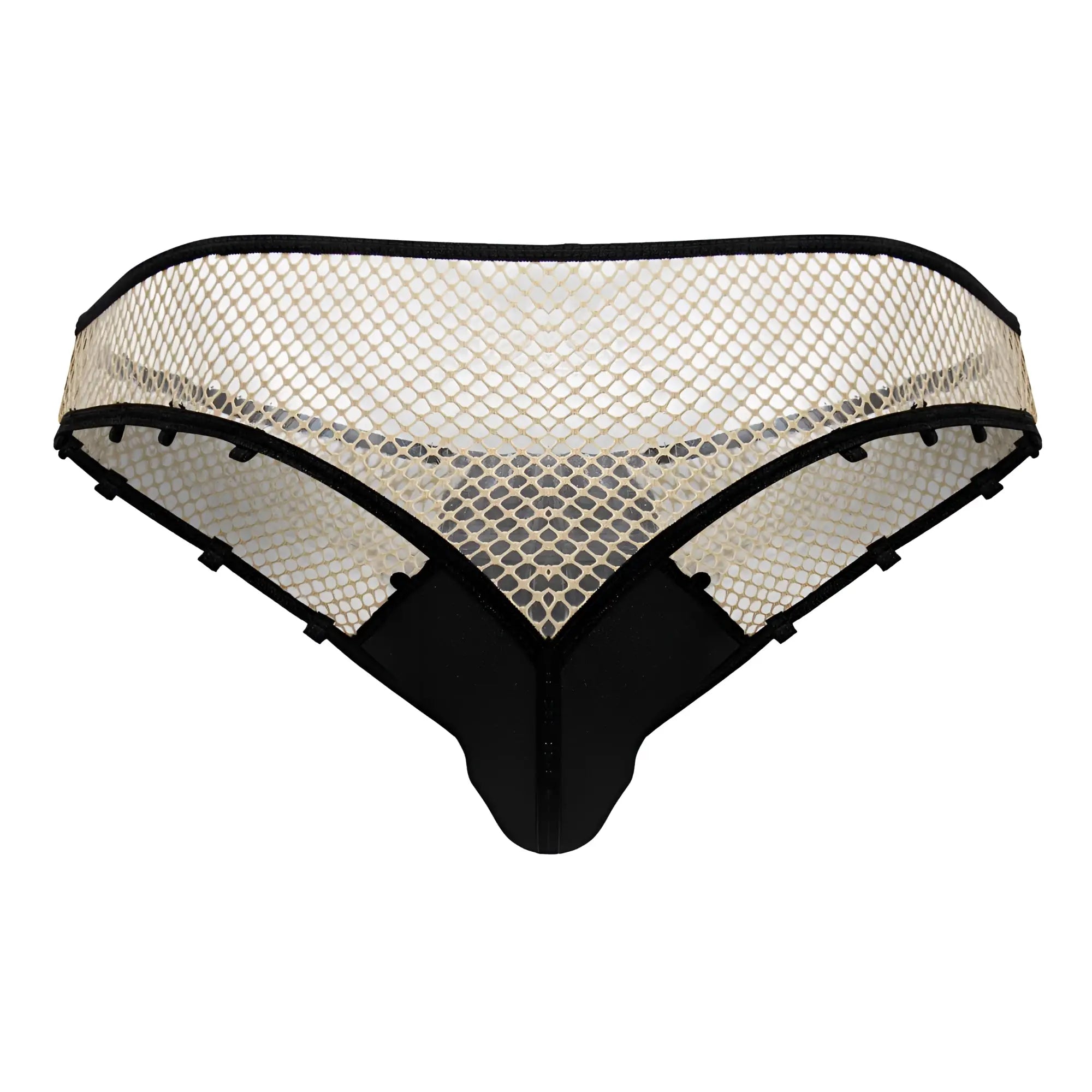 Black and cream mesh thong with sleek modern design candyMan 99860 fishnet thongs color nude black front view