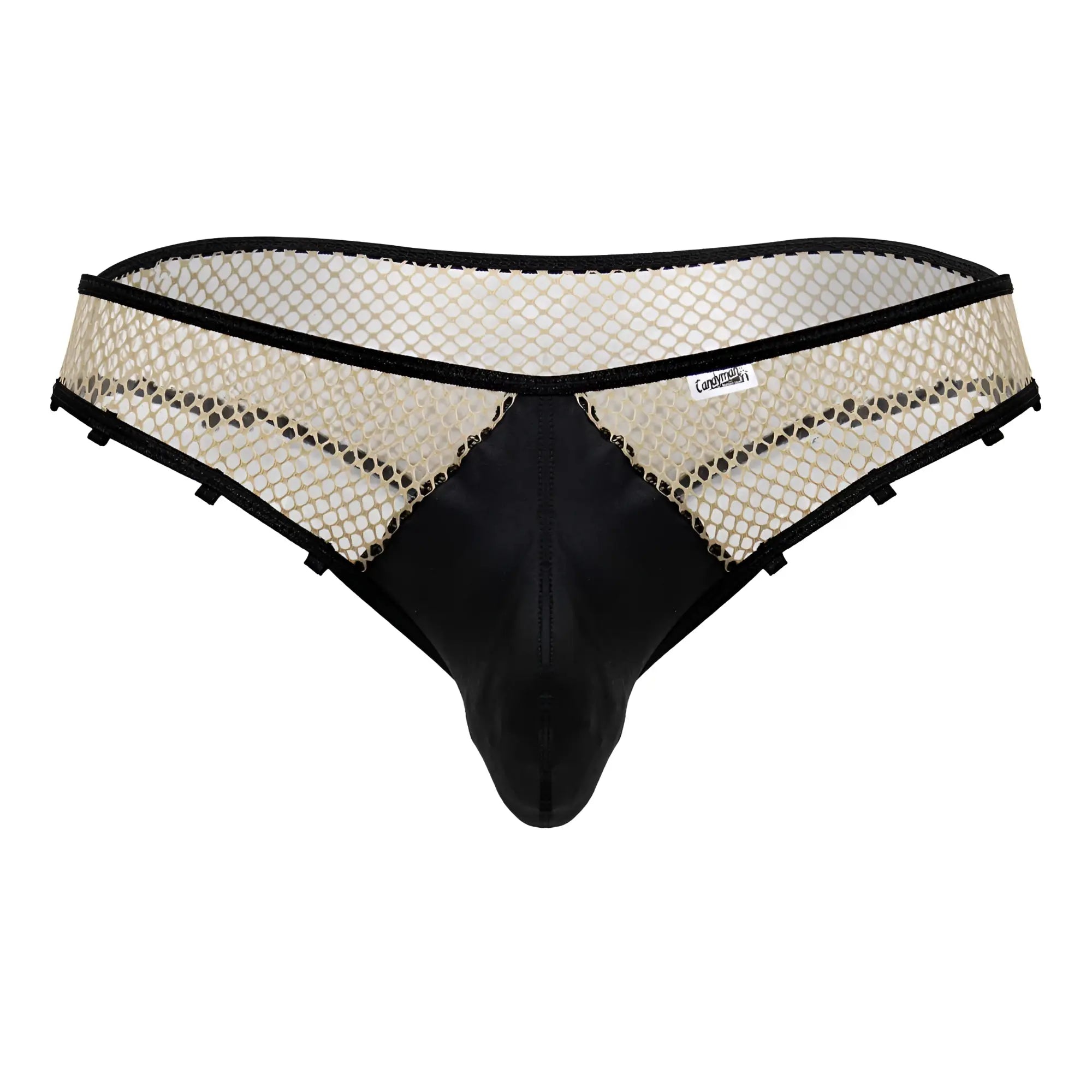 Black mesh briefs with solid black front panel and beige netting candyMan 99860 fishnet thongs color nude-black