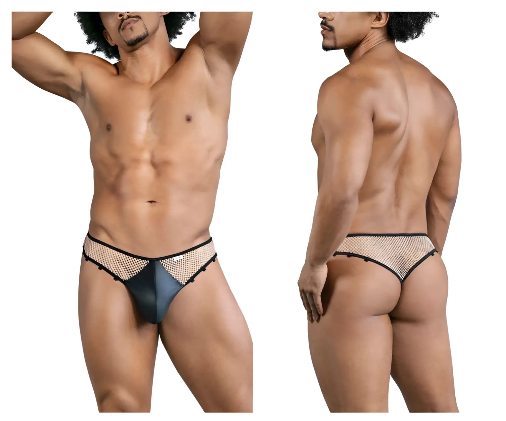 Black mesh candyMan 99860 fishnet thong in nude-black with sleek form-fitting design and subtle shimmering accents