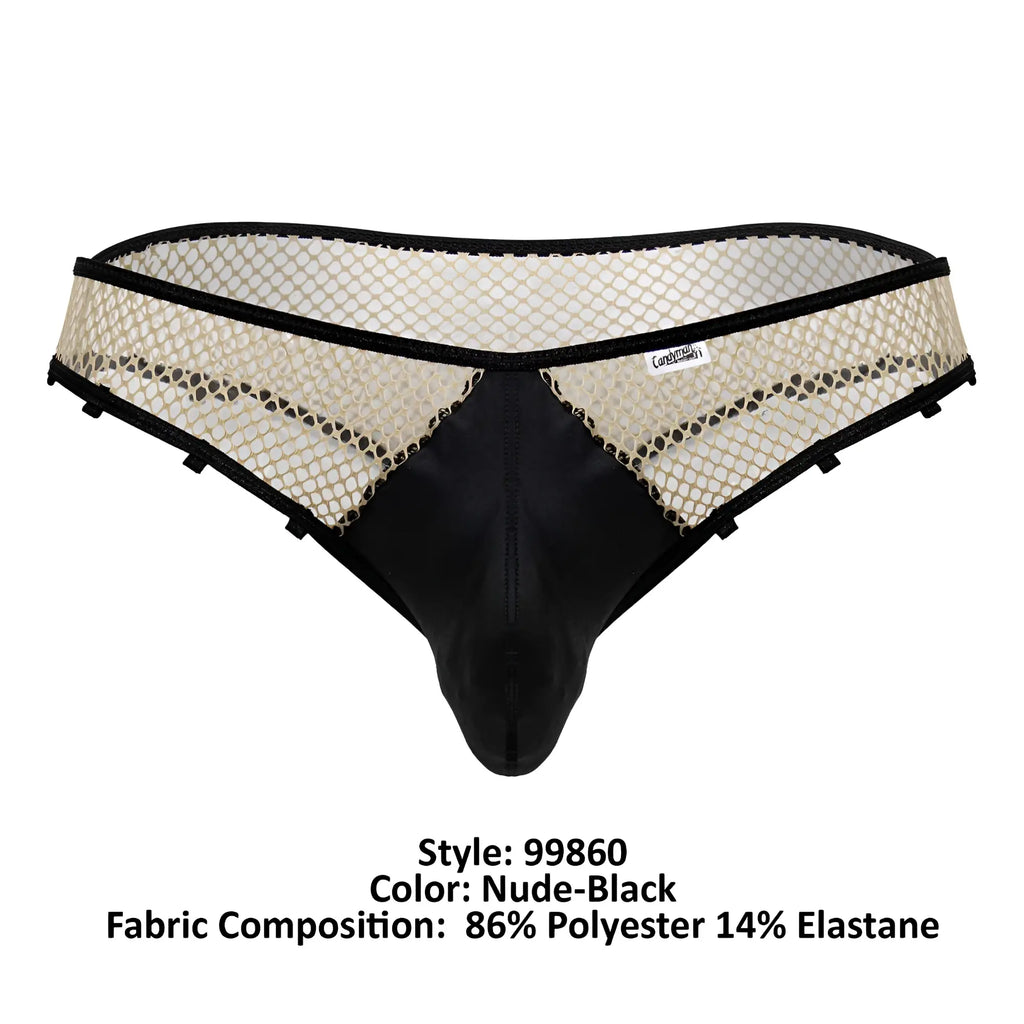 Black and nude CandyMan 99860 fishnet thong with solid black front panel and nude mesh sides