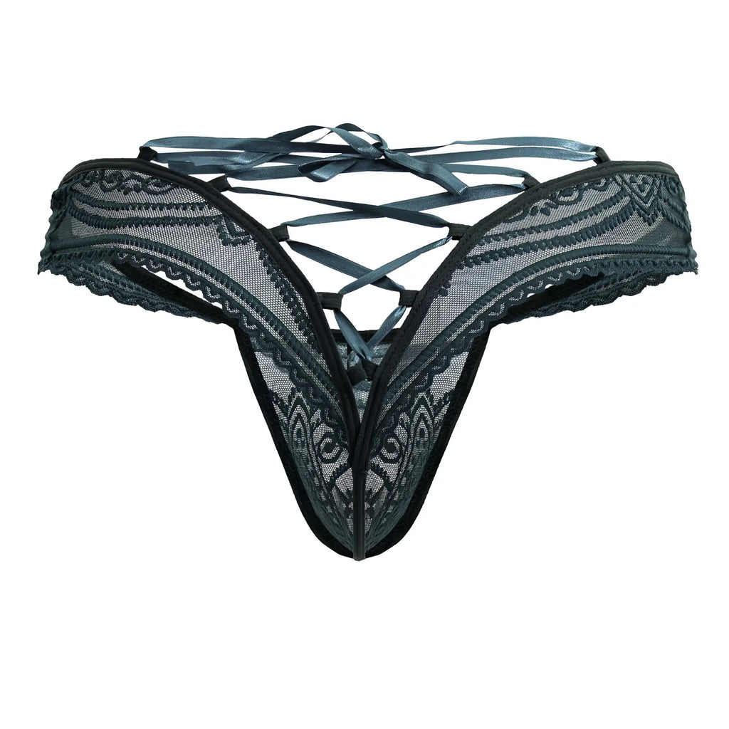 Black lace thong candy man 99861 in green with intricate floral patterns and crisscross ribbon tieback design back view