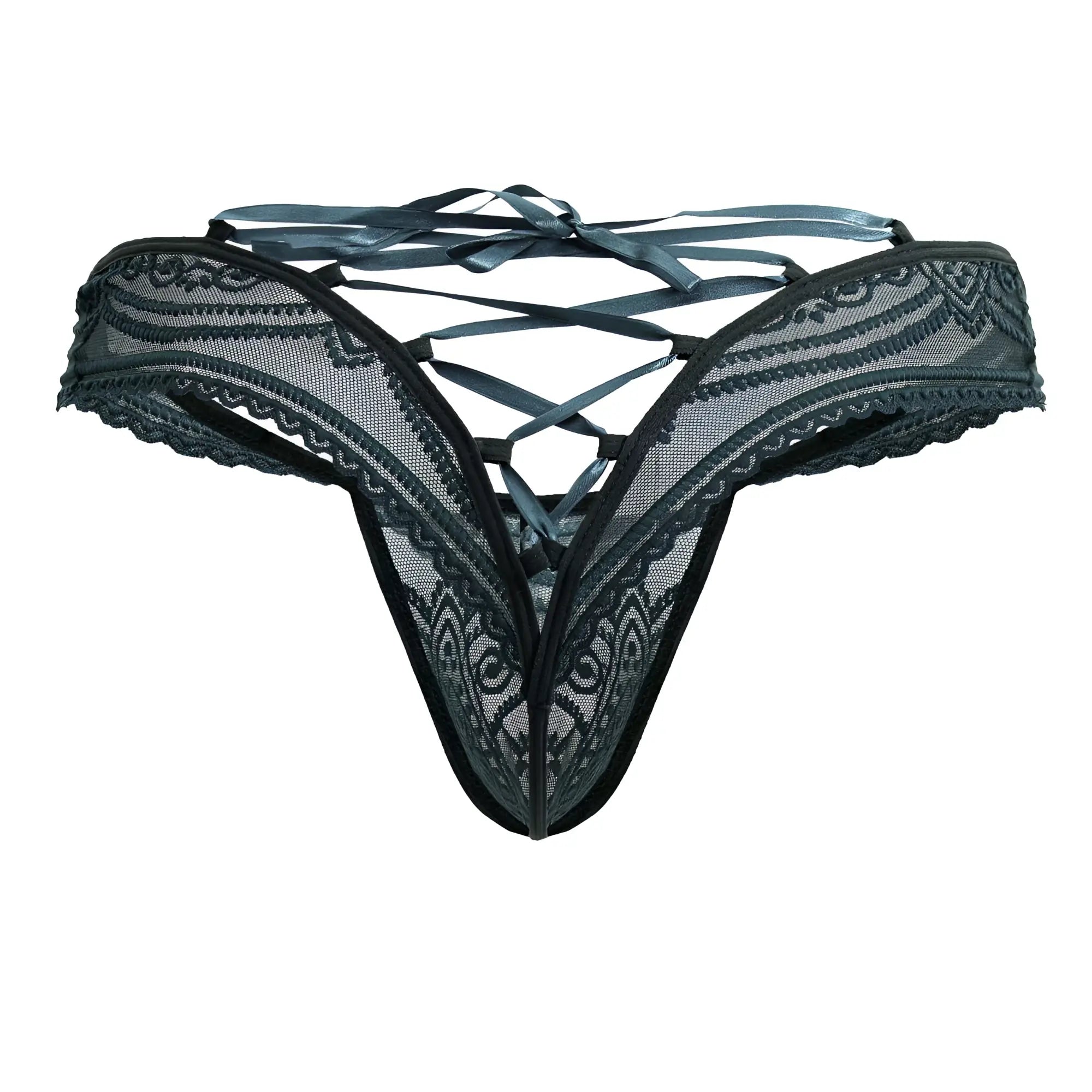 Black lace thong candy man 99861 in green with intricate floral patterns and crisscross ribbon tieback design back view