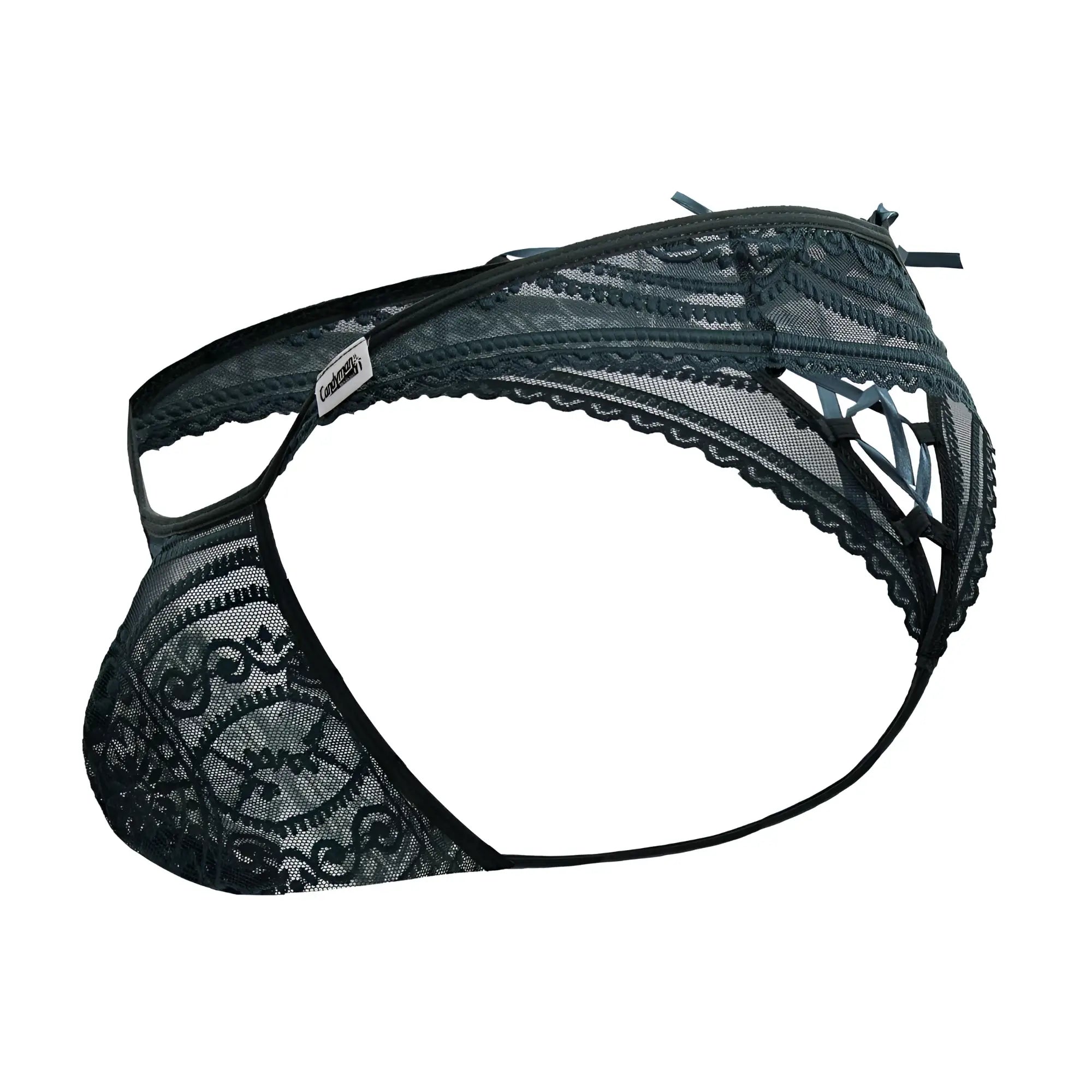 CandyMan 99861 green lace thong with intricate floral patterns and sheer mesh design for elegant lingerie wear