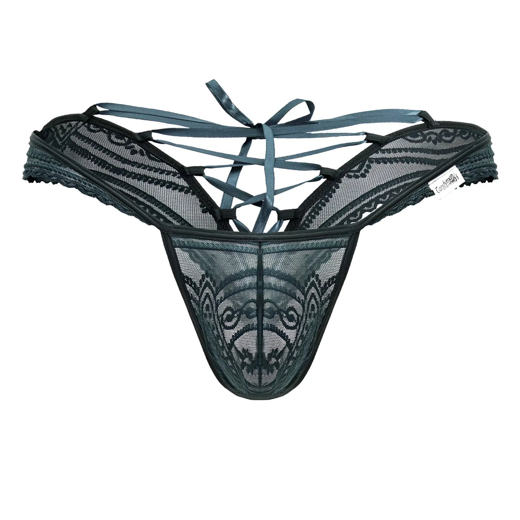 CandyMan 99861 green lace thong with intricate patterns and crisscross tie-back shown from the back side