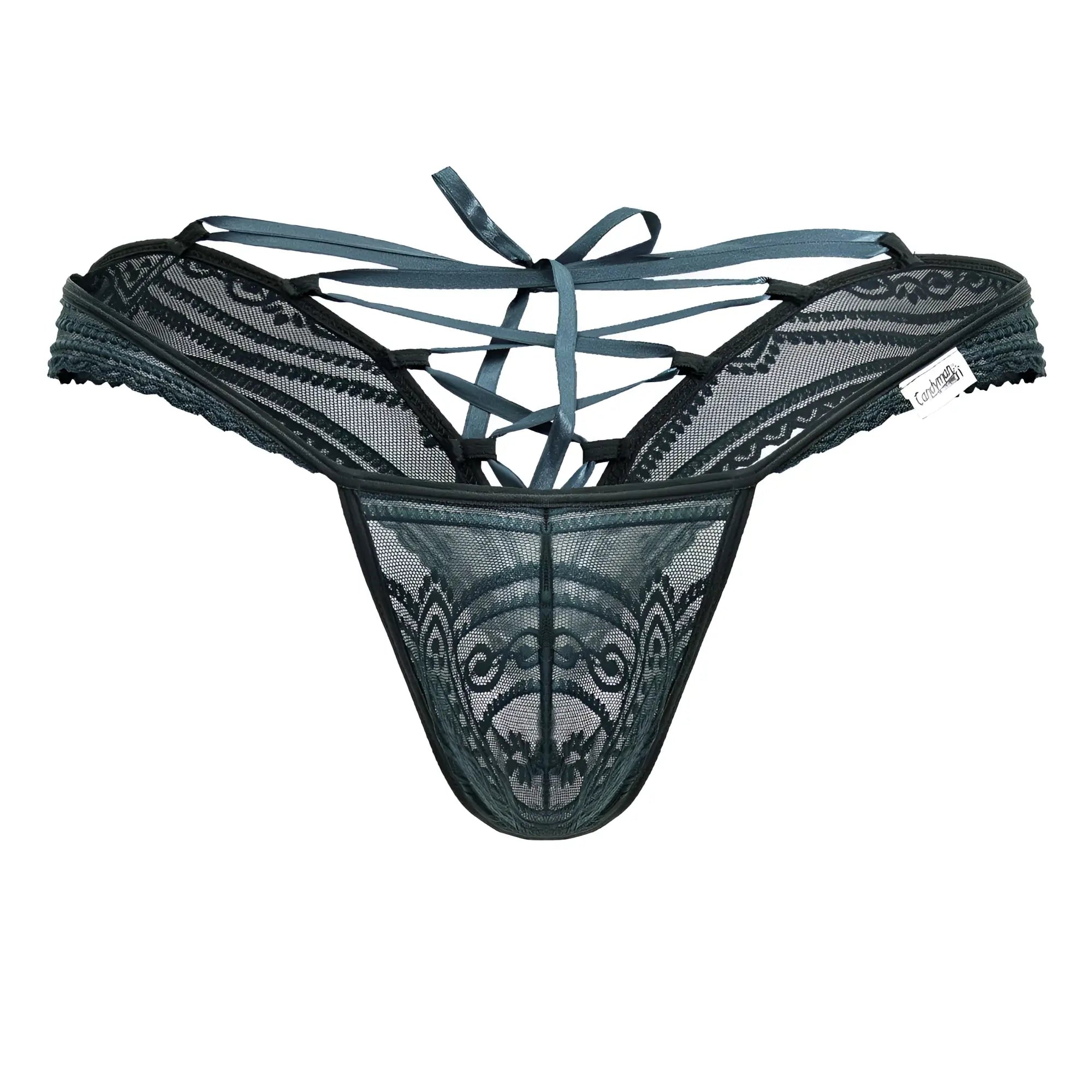CandyMan 99861 green lace thong with intricate patterns and crisscross tie-back shown from the back side