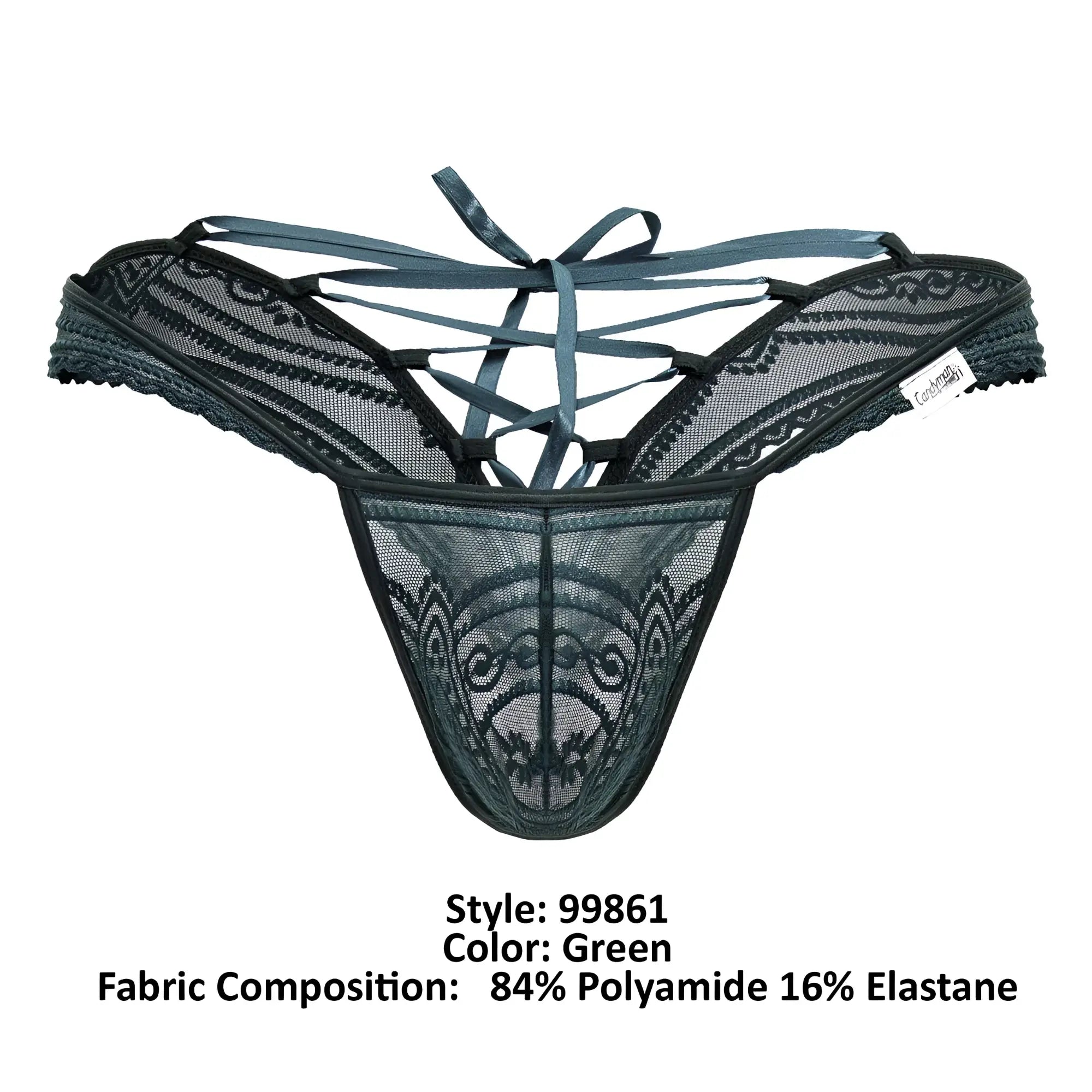 Dark green lace thong with intricate patterns and crisscrossing straps by candyman 99861 shown from the back side