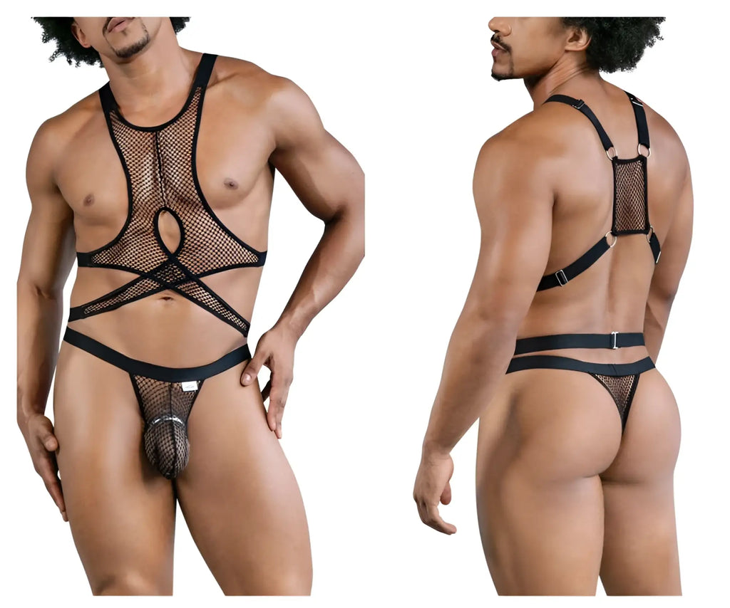 Black mesh harness style bodysuit candyMan 99862 with adjustable straps and central cutout in fishnet material